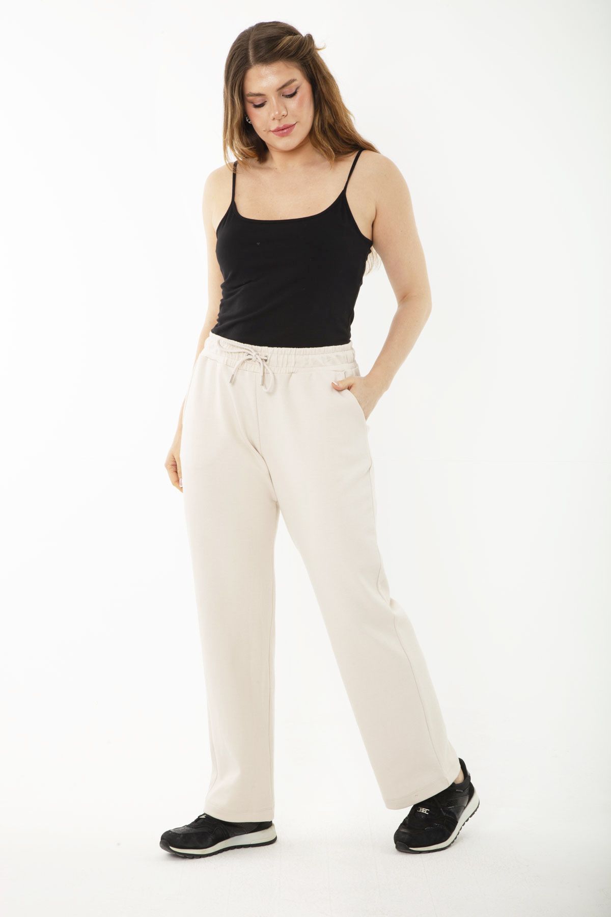 Şans-Damen-Trainingshose, große Größe, beige Taille, Ösenschnürung und elastische Seitentasche, Trainingshose 65n35418 4