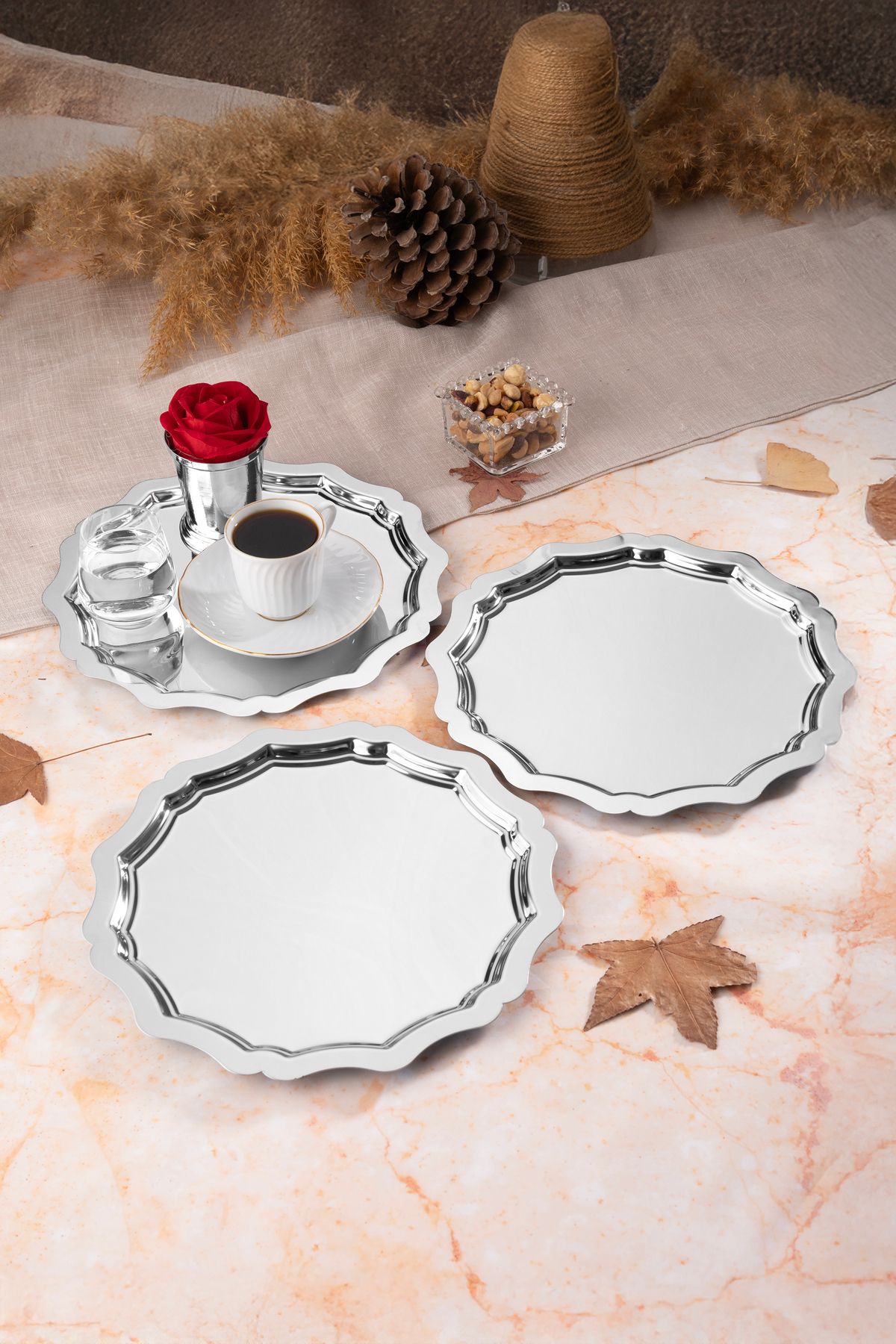 Aslı Hediyelik 3'lü 24 Cm Dalgalı Yuvarlak Gümüş Dekoratif Çay, Kahve, İkramlık, Pasta Sunum servis Tepsisi