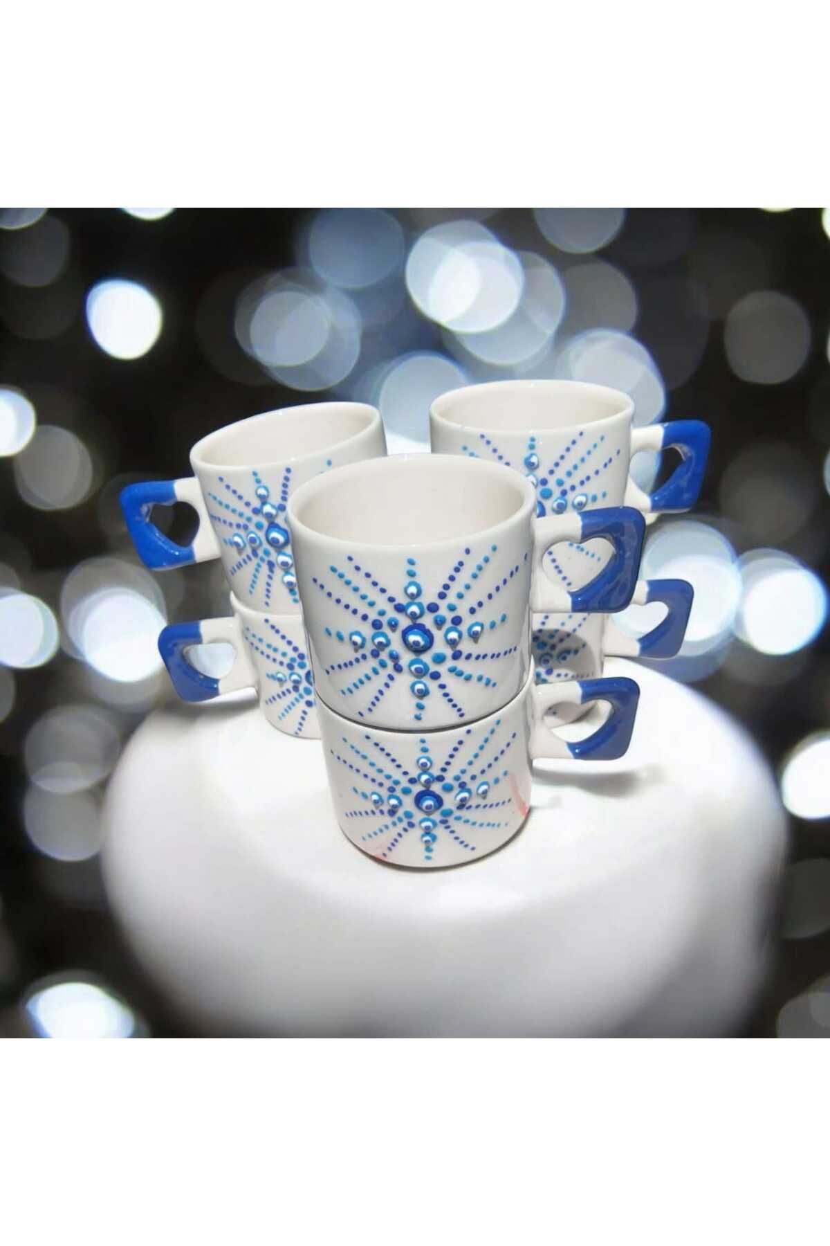 Simge Seramik 6'lı Nazar Boncuğu İşlemeli Lacivert Kalp Kulp El İşi Doğal Seramik Mug Kupa Çay/Cappuccino Fincanı