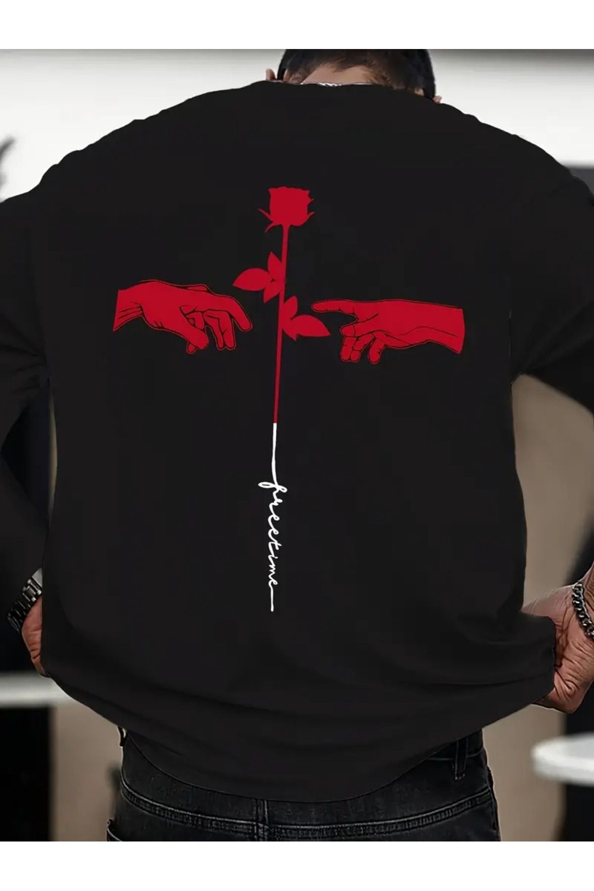LAND MODA Erkek Siyah Uzun Kollu Yuvarlak Yaka T-Shirt Kırmızı Gül ve El Baskı Tasarımı -