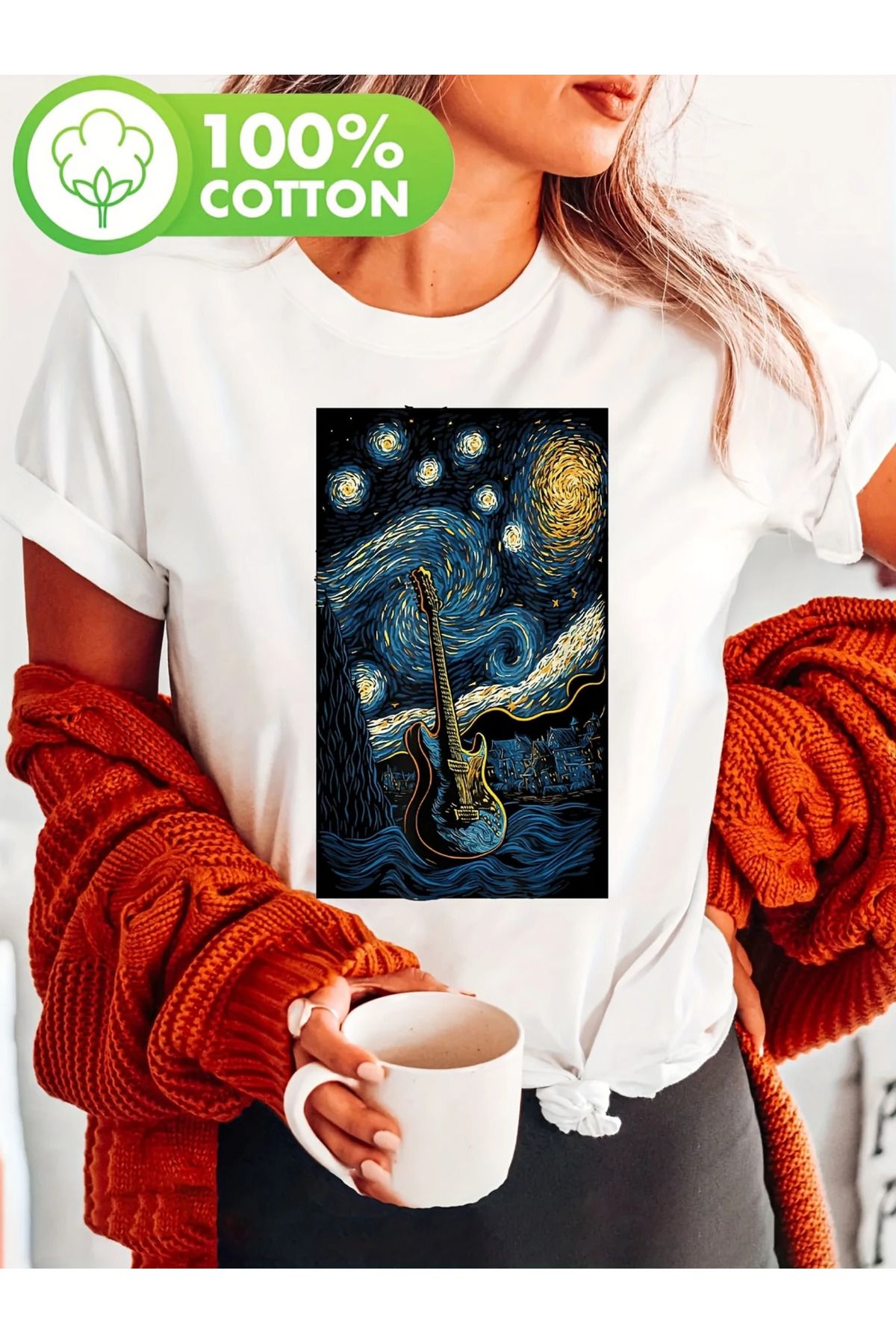 LAND MODA Kadınlar için Yıldızlı Gitar Baskılı T-Shirt, %100 Yuvarlak Yaka Kısa Kollu Rahat Üst,