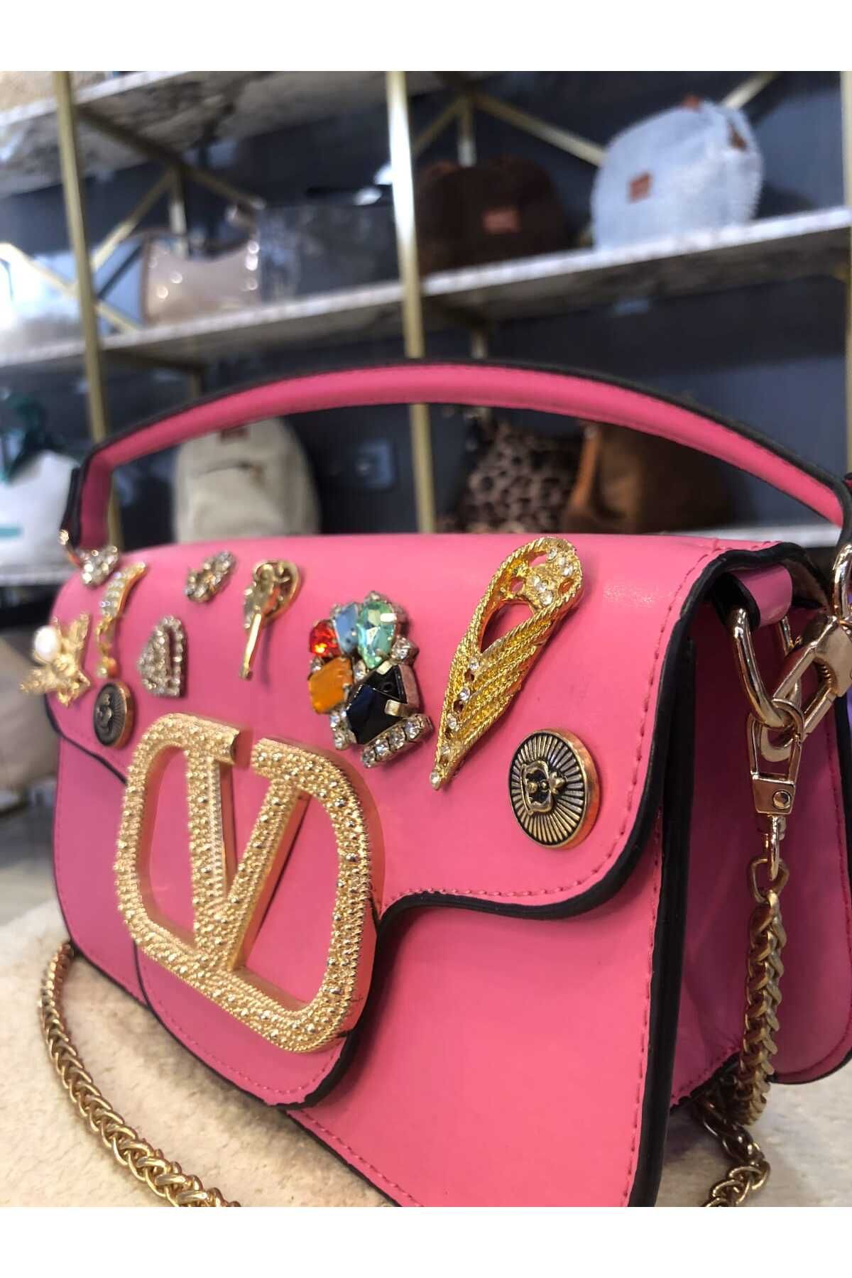 Hane Canlı Pembe Zincir Askılı Omuz Çantası - Parlak Taşlı Detaylar