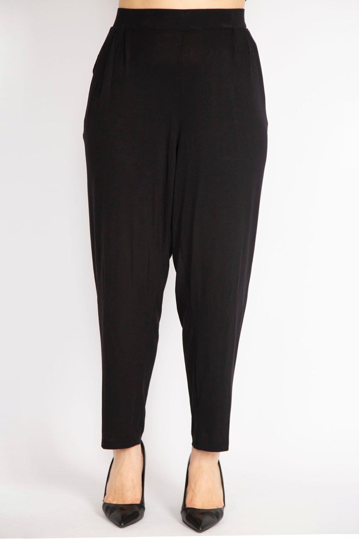 Women's Black Plus Size Shalwar Cut Viscose Pants with Side Pockets 65n36216