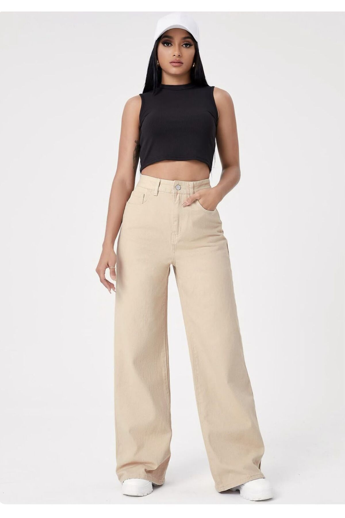 Shield Life Krem Geniş Paça Straight Wide Leg Bol Paça Oversize Kadın Süper Yüksek Bel Kot Pantolon