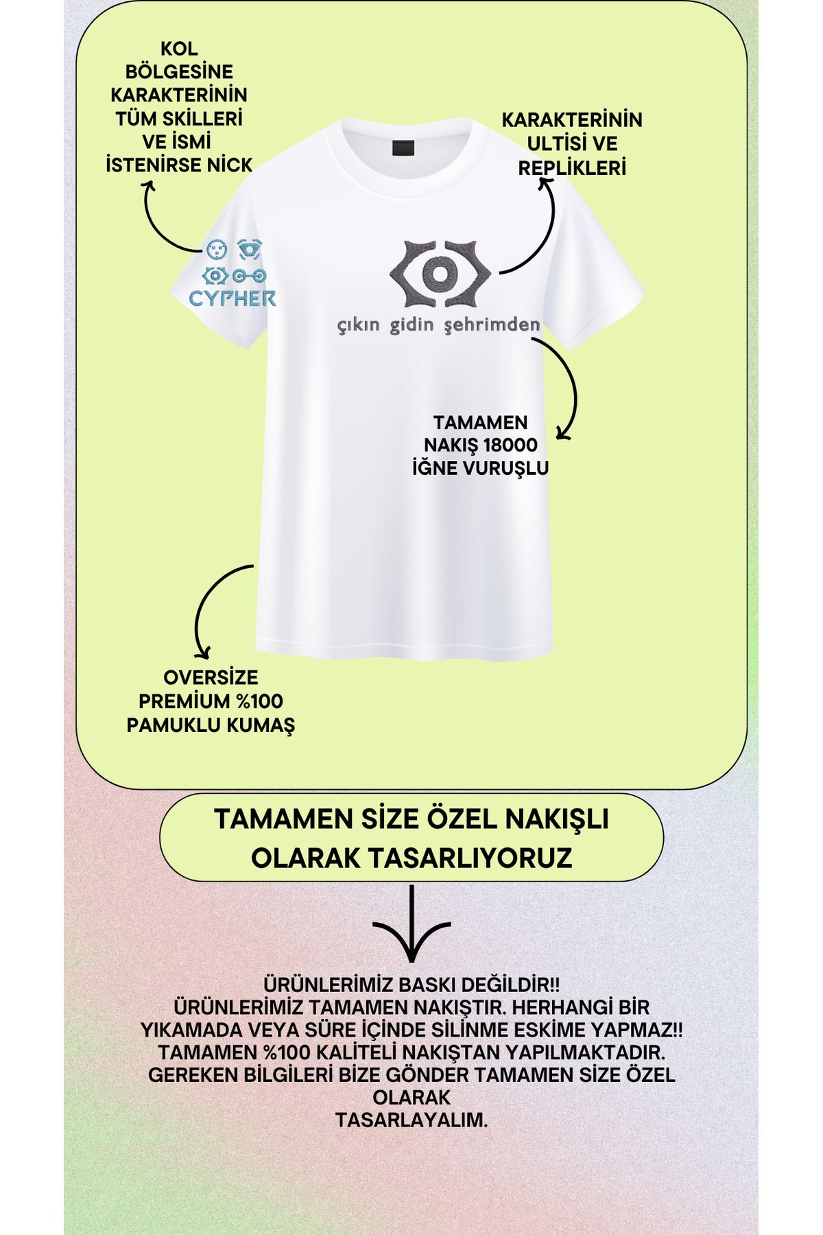 yeswhite Valorant CYPHER Nakış Tişört – Kişiye Özel Türkçe Replikli Gamer Tasarım