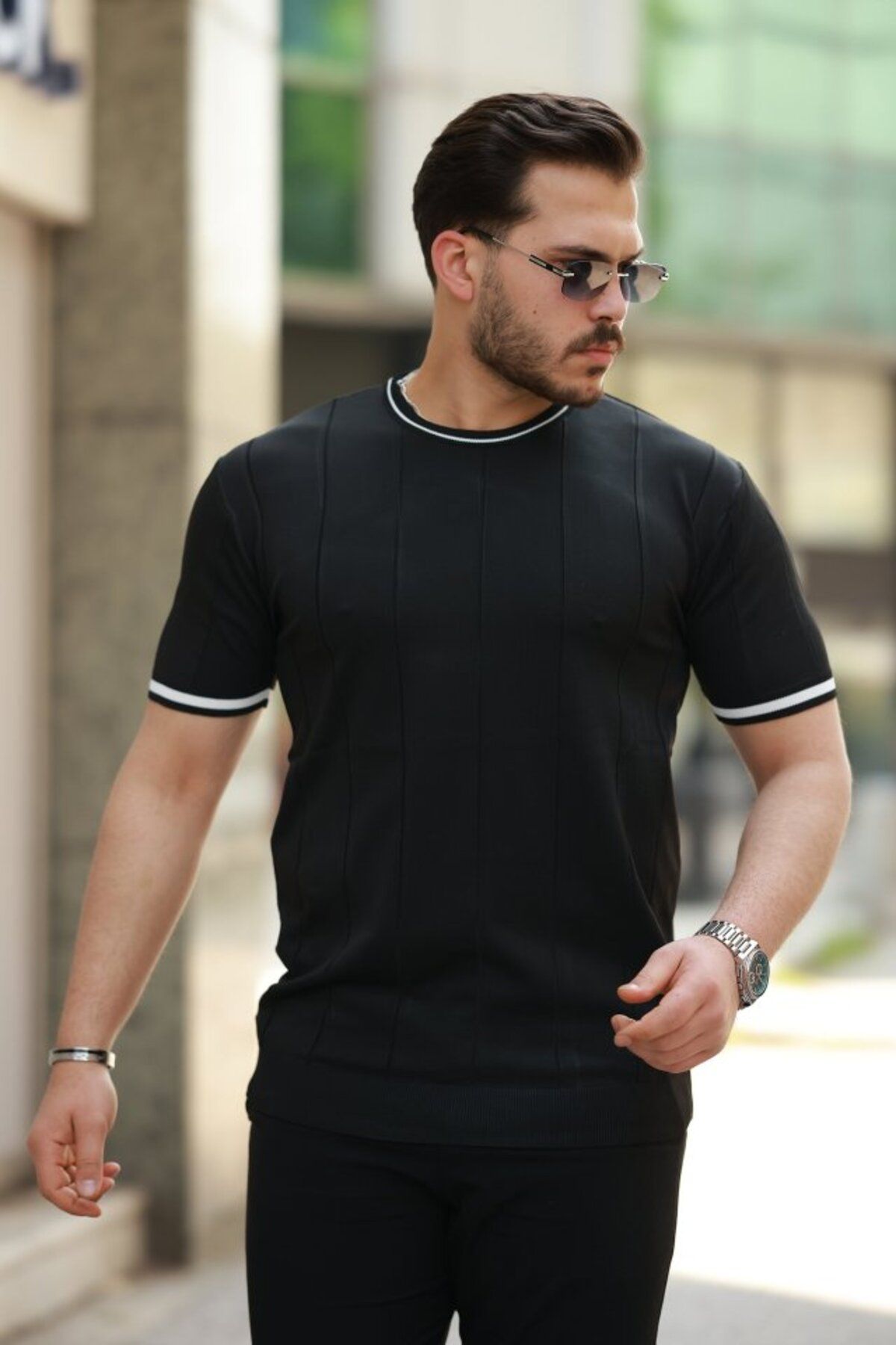 Eserden Erkek Bisiklet Yaka çizgi Desenli Ribanalı Kısa Kollu Tshirt