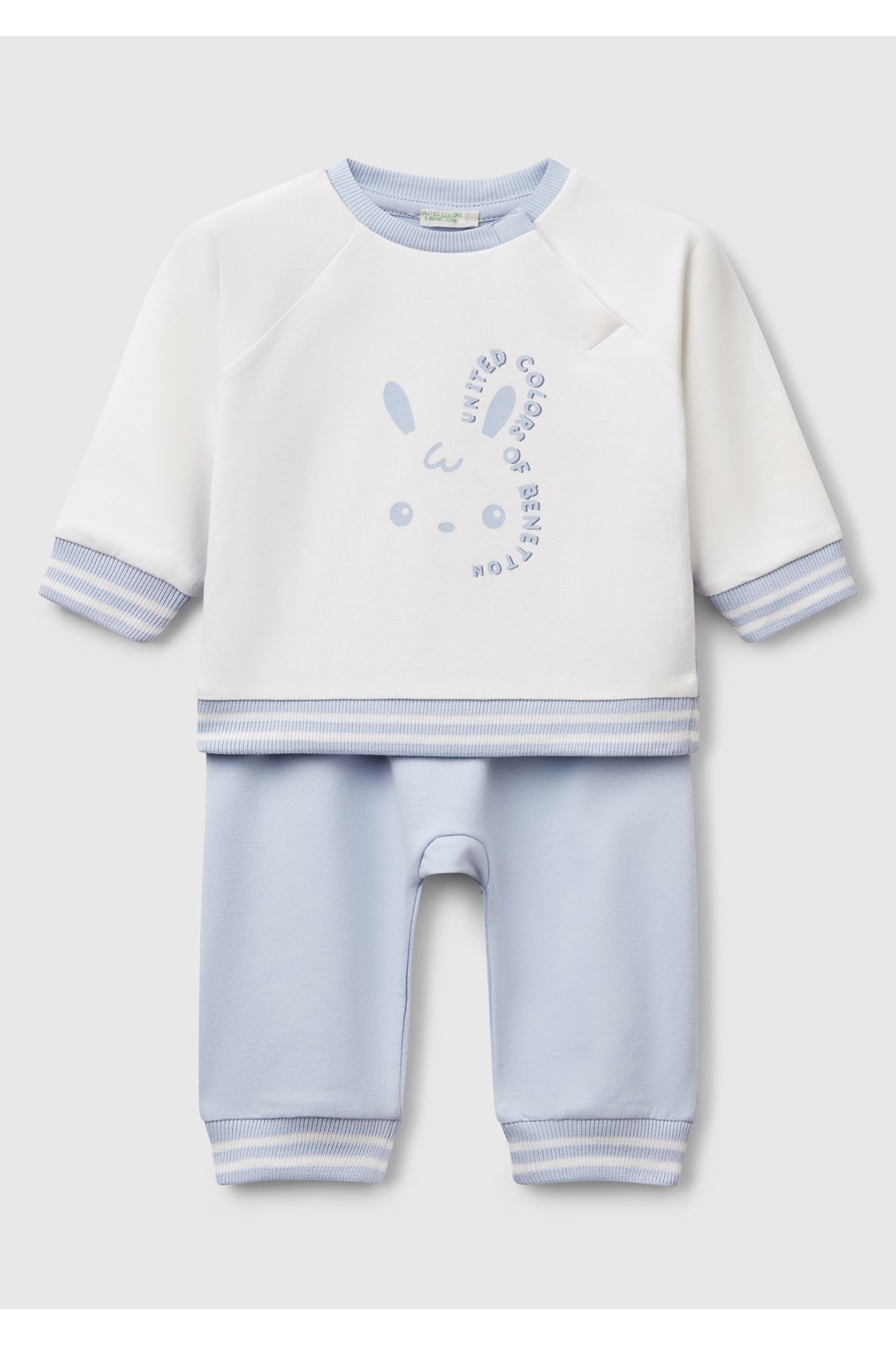 United Colors of Benetton Bebek Beyaz-Mavi Baskılı Reglan Kol Üst ve Beli Büzgülü Eşofman Takım