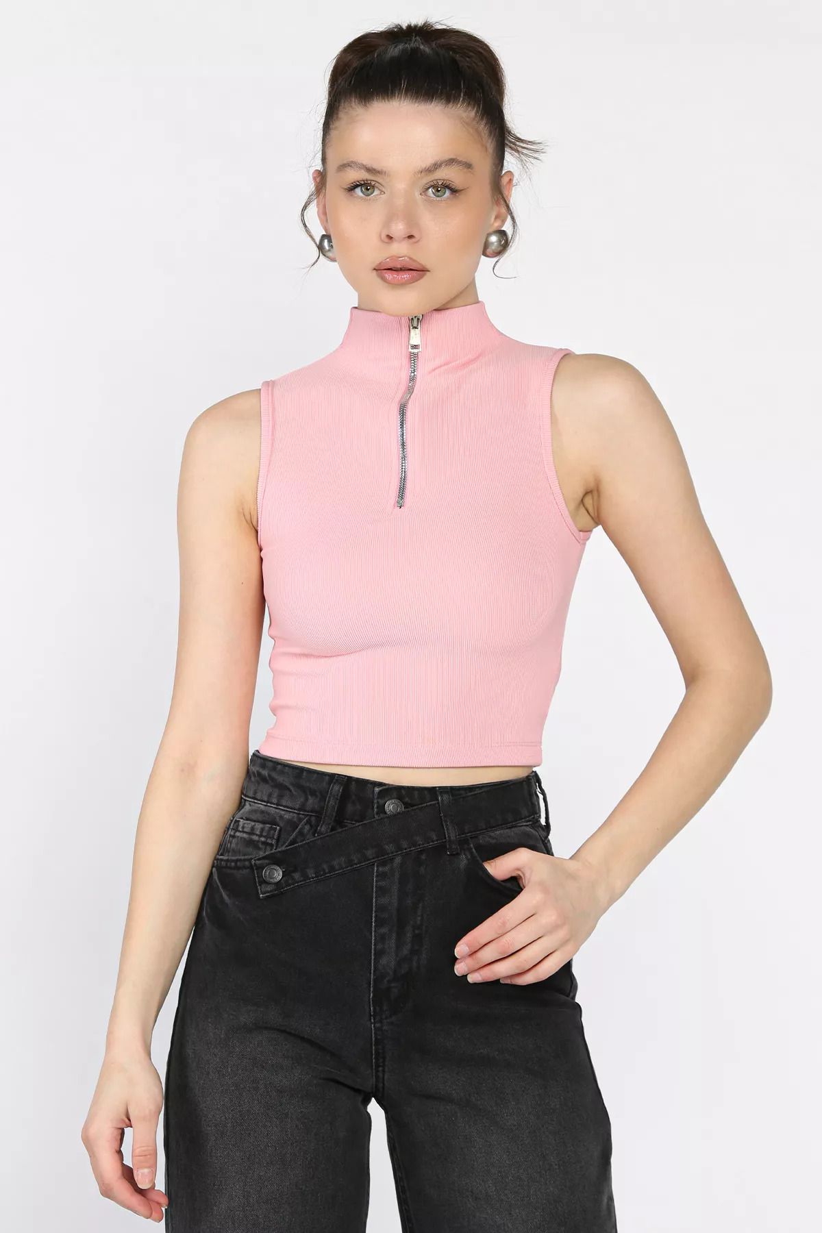 GÜLSELİ Pembe Kadın Yarım Fermuarlı Fitilli Crop Top Bluz
