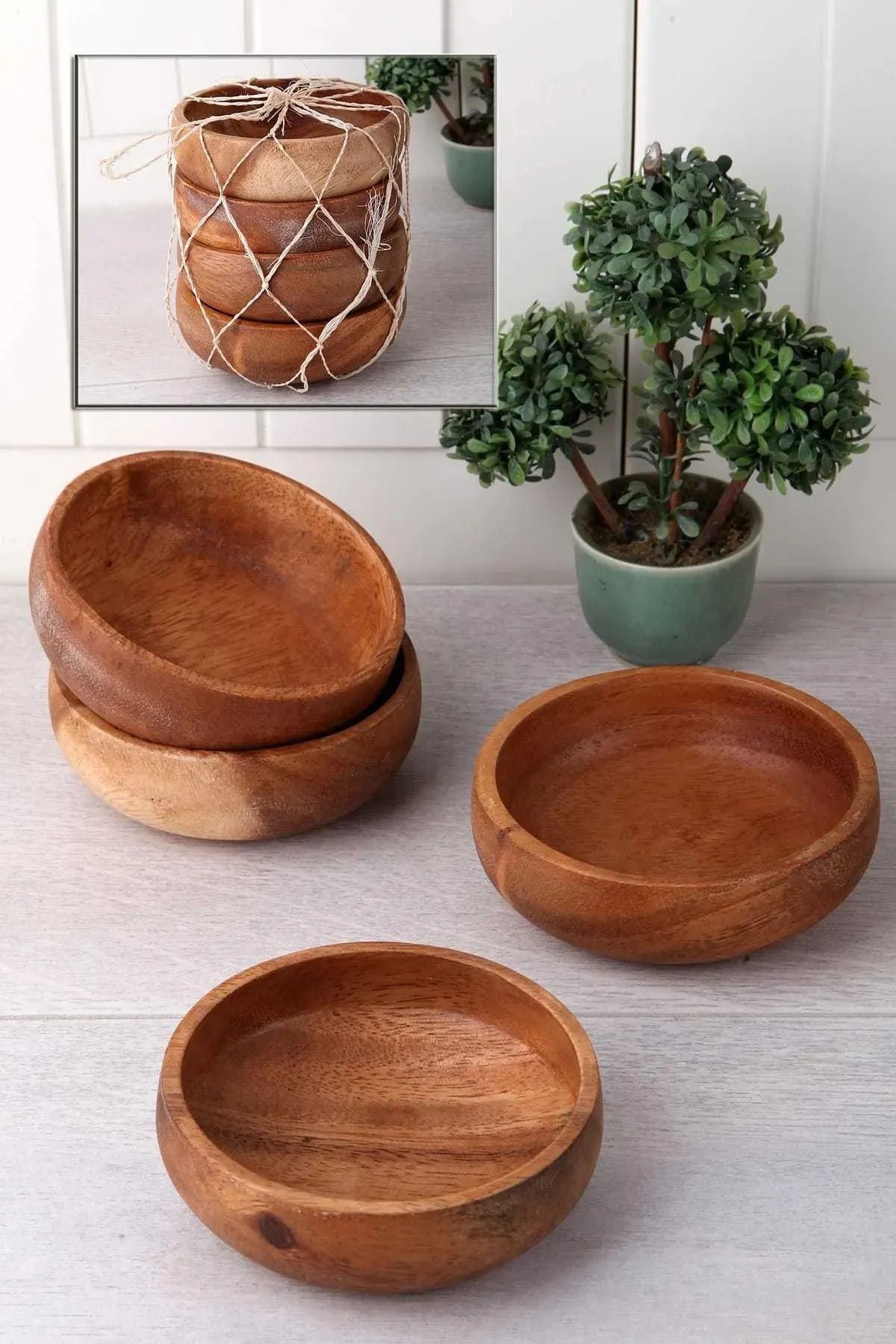UNDERGROUND TRADE Bambu 4'lü Çerezlik Yuvarlak Doğal Bambu Çerez Tabağı Sunumluk
