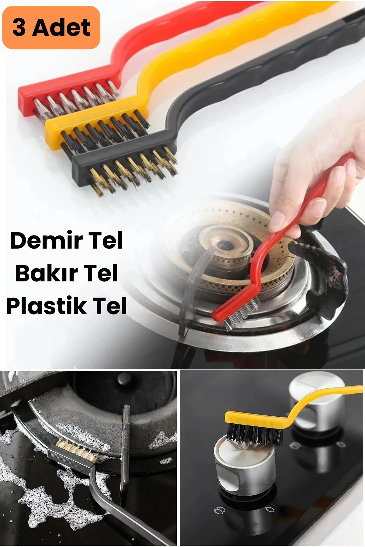 intoku Tel Fırça Seti 3'lü Yağ Kir Paslar İçin Ocak Fırın Mutfak Lavabo Temizleme Fırçası
