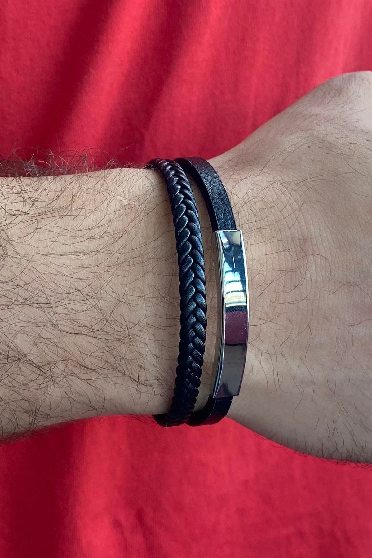 TAKIŞTIR Siyah Renk Metal Detaylı Çelik Bileklik