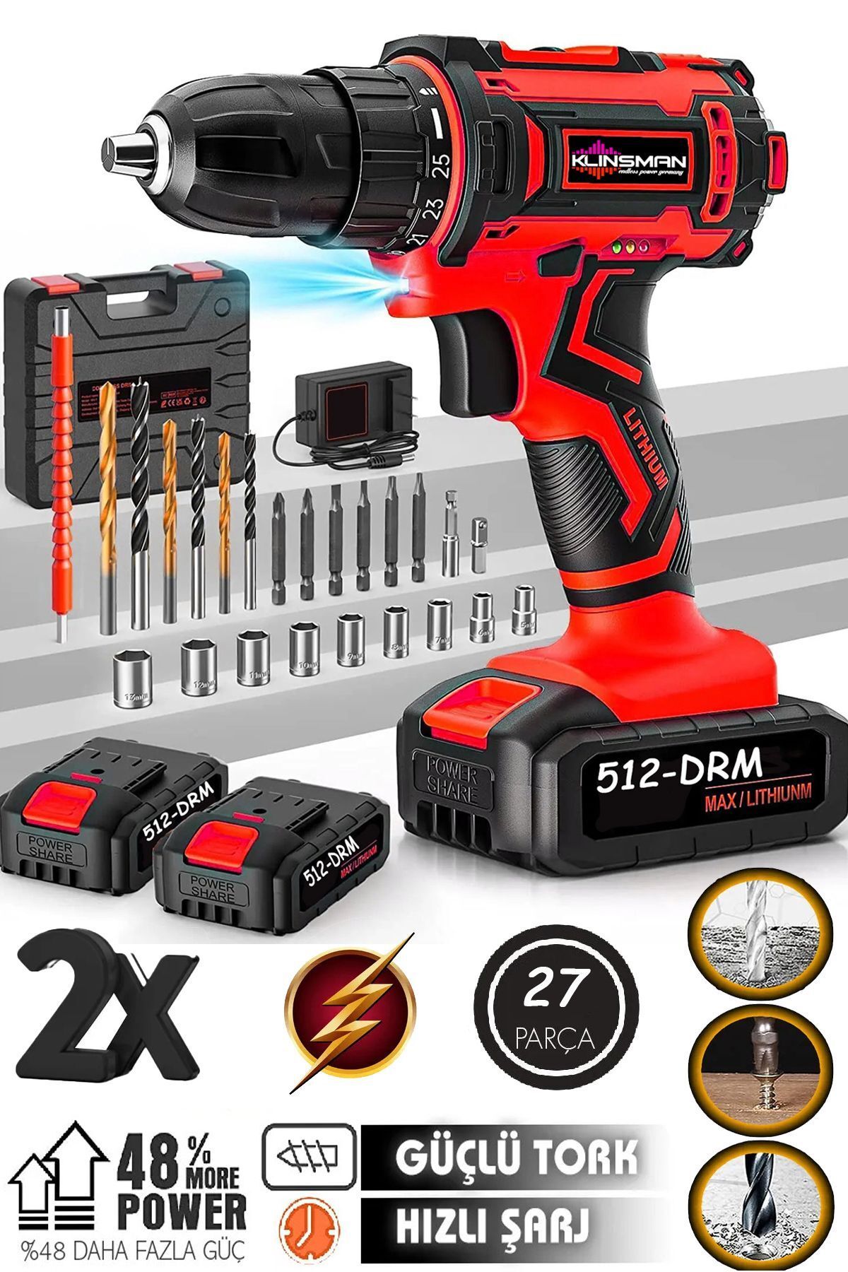 KLINSMANN alman amg serii 2000-mbk çift akülü 27pcs set hediyeli darbeli delme vidalama matkap