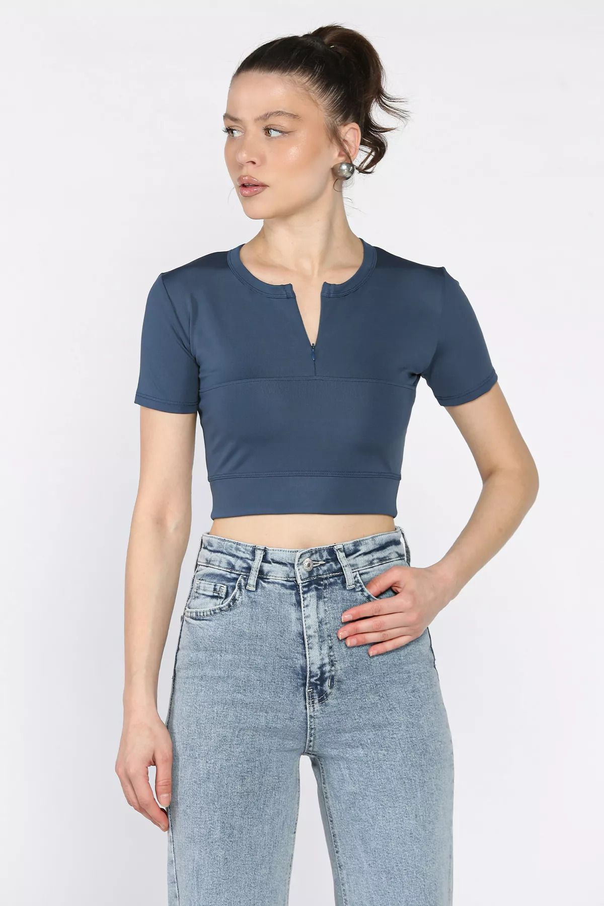 GÜLSELİ Petrol Kadın Ön Fermuarlı Modal Kumaş Crop Top Bluz