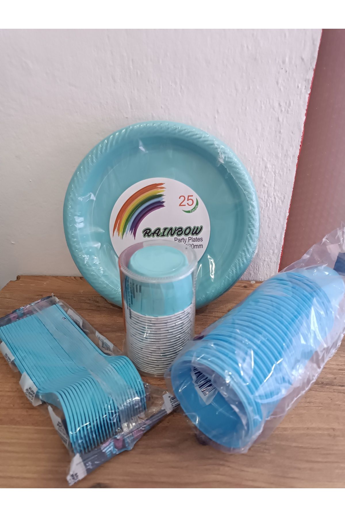 Store Plastik tabak bardak çatal kek kalıbı 25 adet mavi