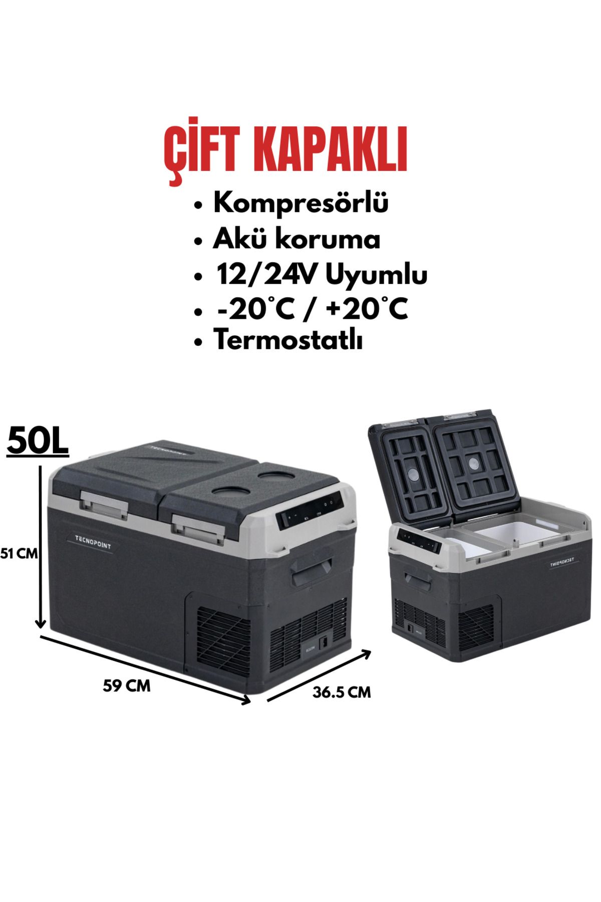Yirmiyedi 50L ÇİFT KAPAK OTO BUZDOLABI TAŞINABİLİR 12/24V UYUMLU (-20 DERECEYE KADAR) TECNOPOİNT