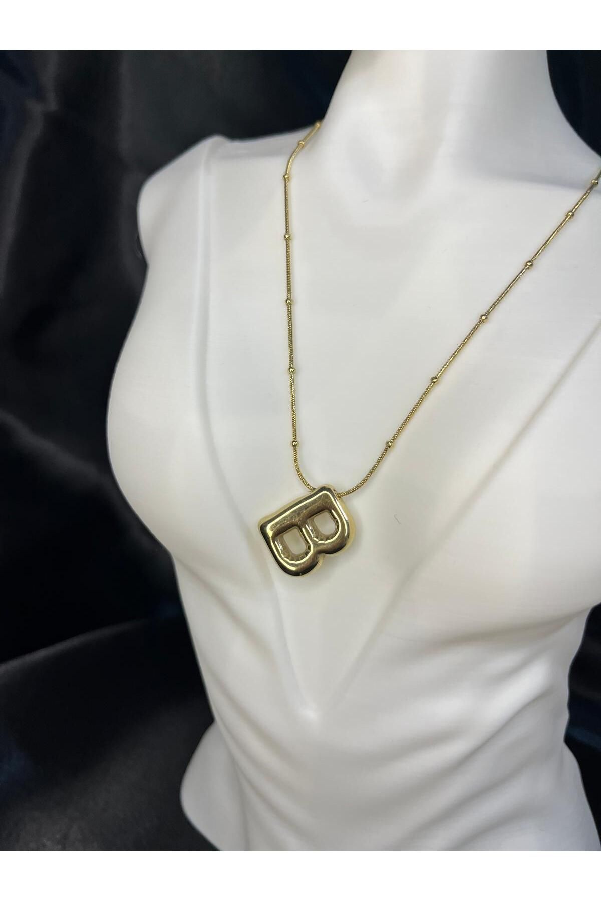BERCHEM SCARF Kadın Gold Renk Zincirli Büyük "B "Harf Kolye Kişiye Özel-Modern Tasarım