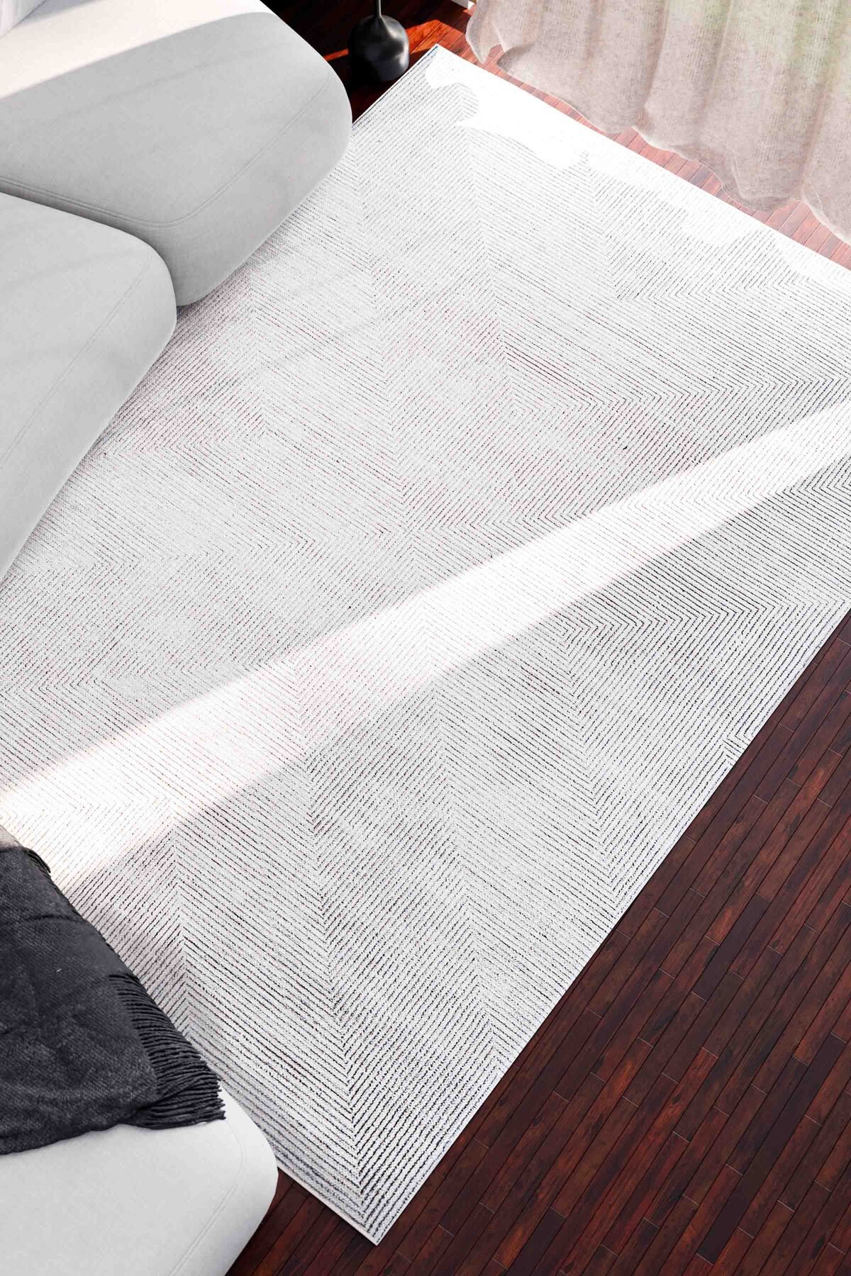 Serente Home Soyut Çizgi Desenli Yıkanabilir Kaymaz Taban Şönil Gri Salon Halısı 4169