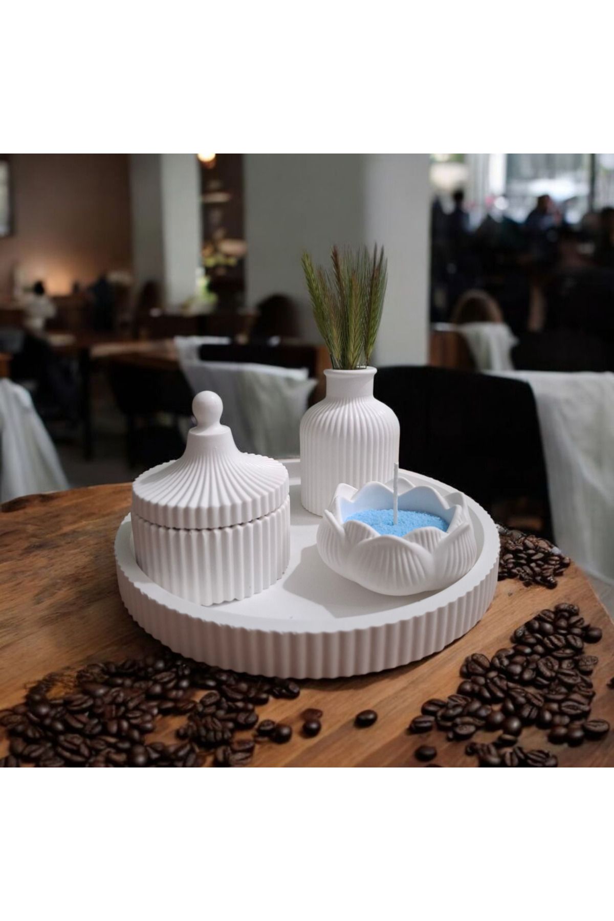 YILDIZ DECOR 4lü sunum tebsi set lotus çiçek +kapaklı şekerlik+minimal vazo pampas ,dekoratif tebsi set