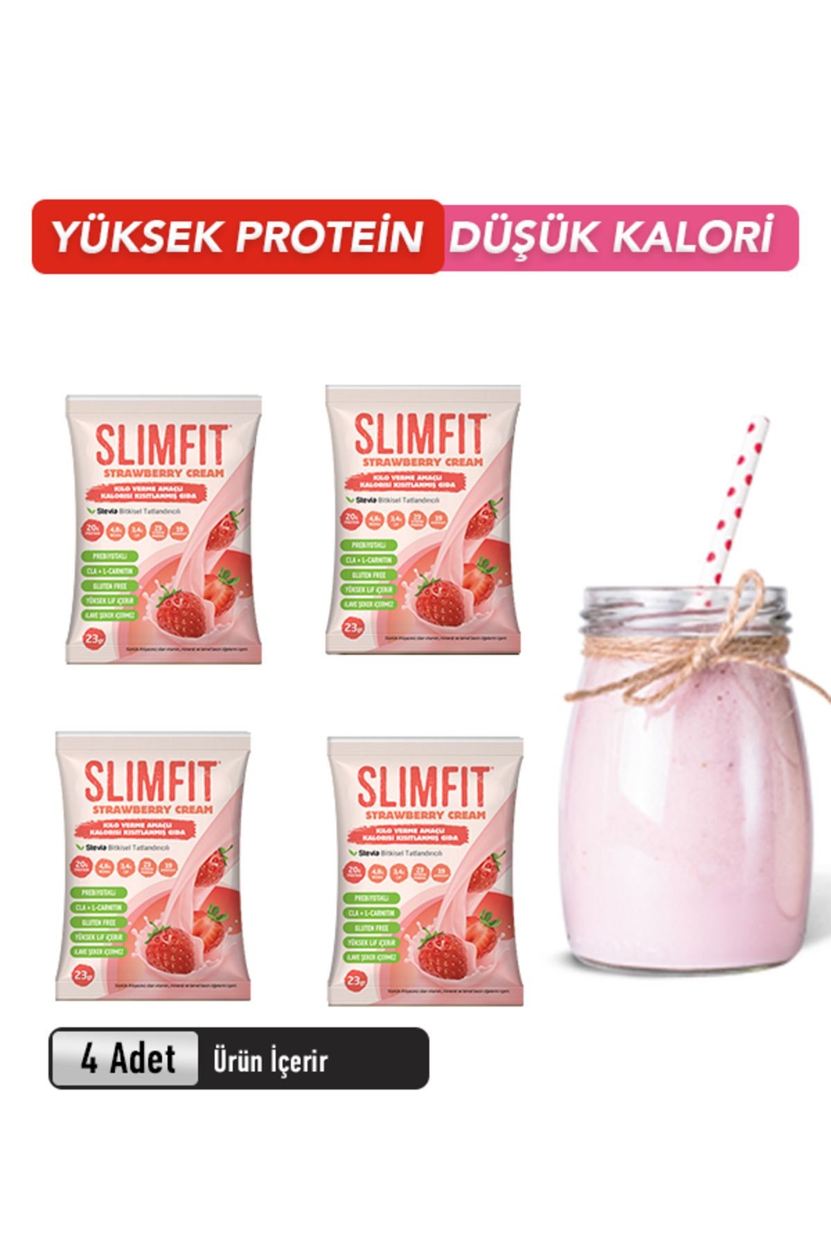 SLIMFITDETOX Slımfıt Çilekli 4 Adet - Öğün Yerine Geçen Shake Öğün Tozu Proteinli Besin
