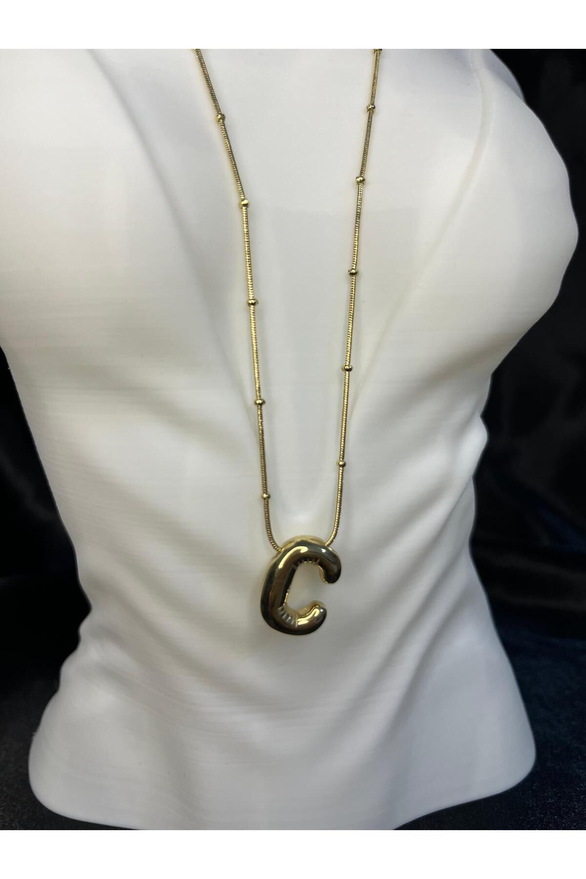 BERCHEM SCARF Kadın Gold Renk Zincirli Büyük "C "Harf Kolye Kişiye Özel-Modern Tasarım