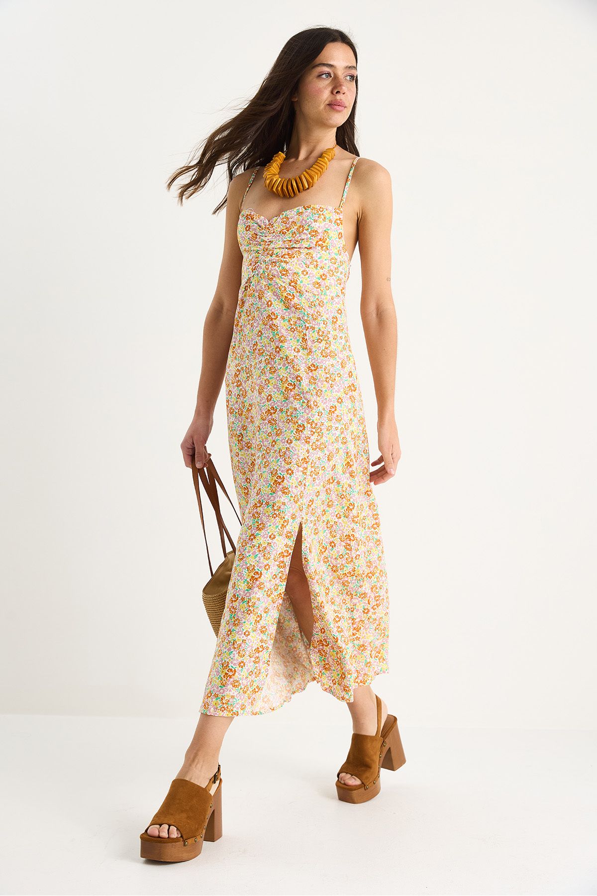 Bianco Lucci-Women's Floral Patterned Thin Strap Gipe Detailed Slit Viscose Dress 4071 60283391 4