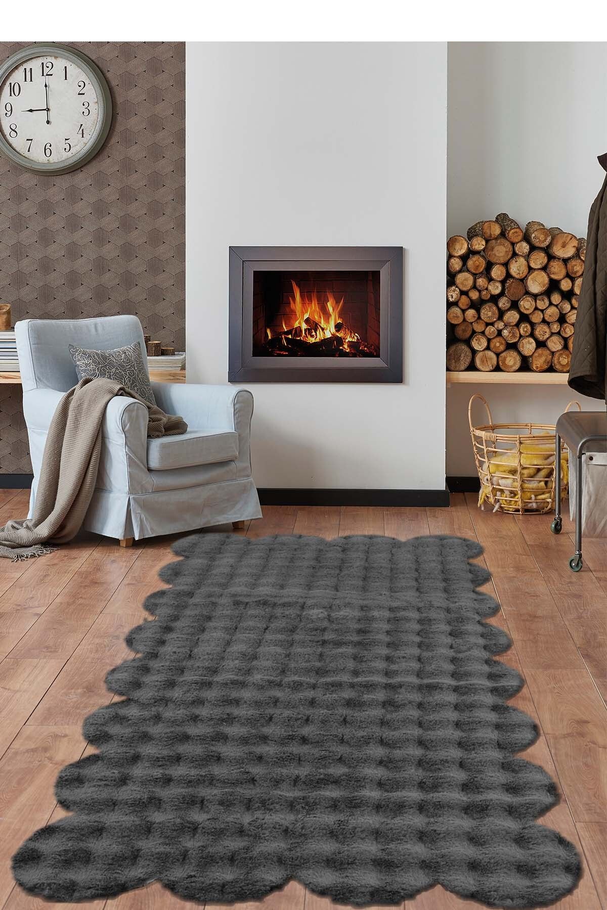 Raschel Carpet Lazer Kesim Koyu Gri Yumuşak Bubble Kaymaz Özel Taban Peluş Halı Yolluk