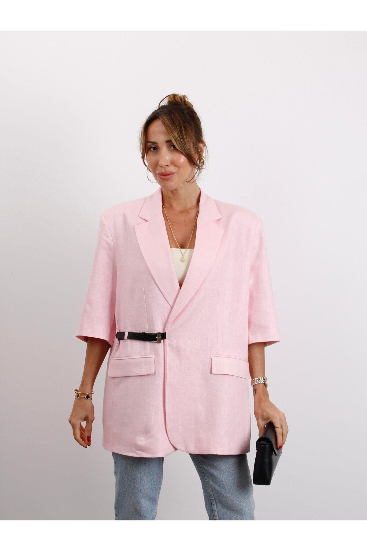 Maldia Shop Kadın Kruvaze Yaka Kemerli Pembe Keten Ceket