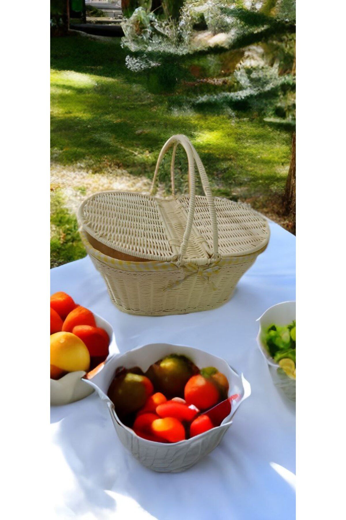 Genel Markalar Vernikli Sert Hasır - Rattan - Oval Piknik Sepeti 39cm krem renk