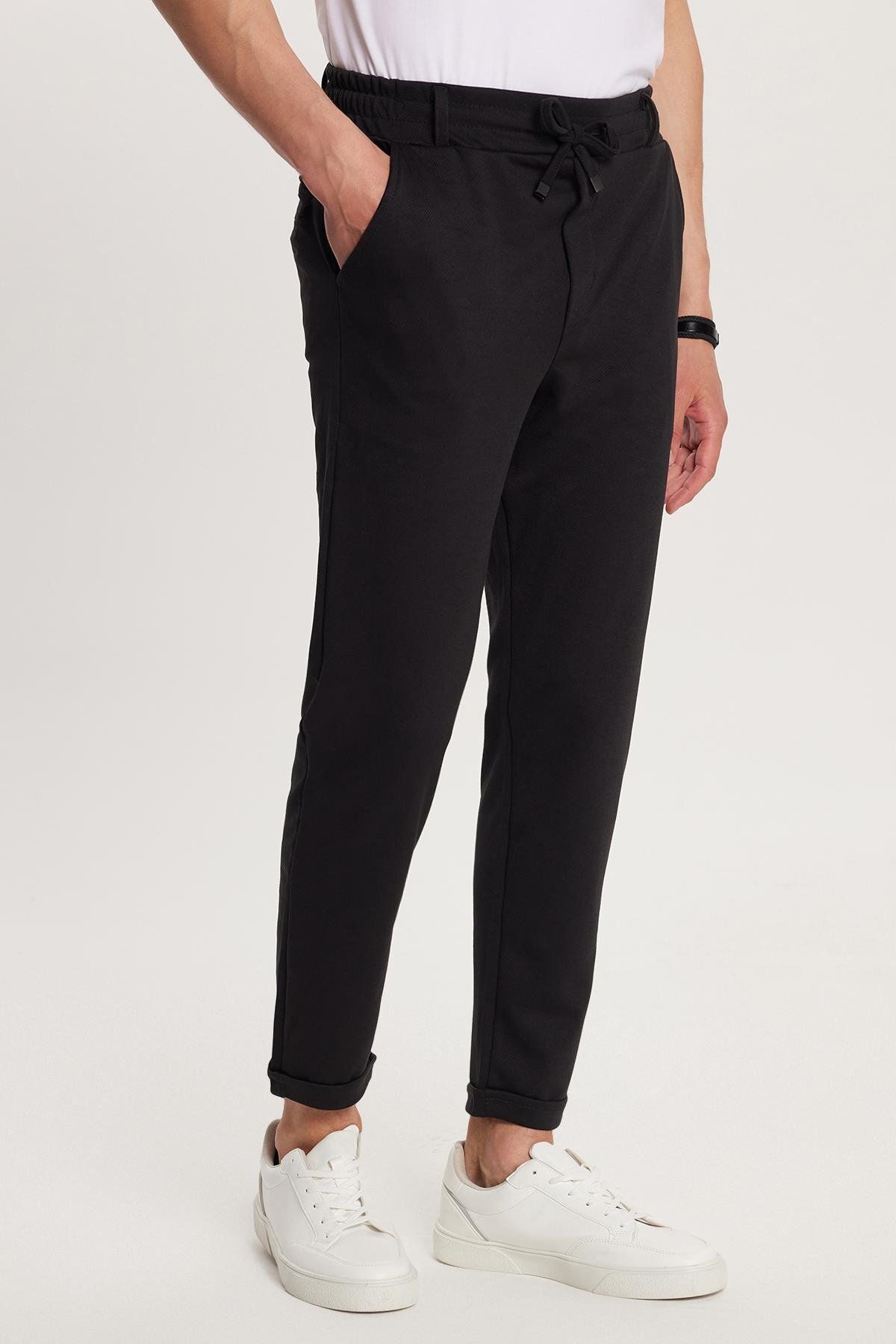 Tudors Erkek Slim Fit Pamuklu Beli Bağlamalı Yan Cepli Jogger Siyah Pantolon