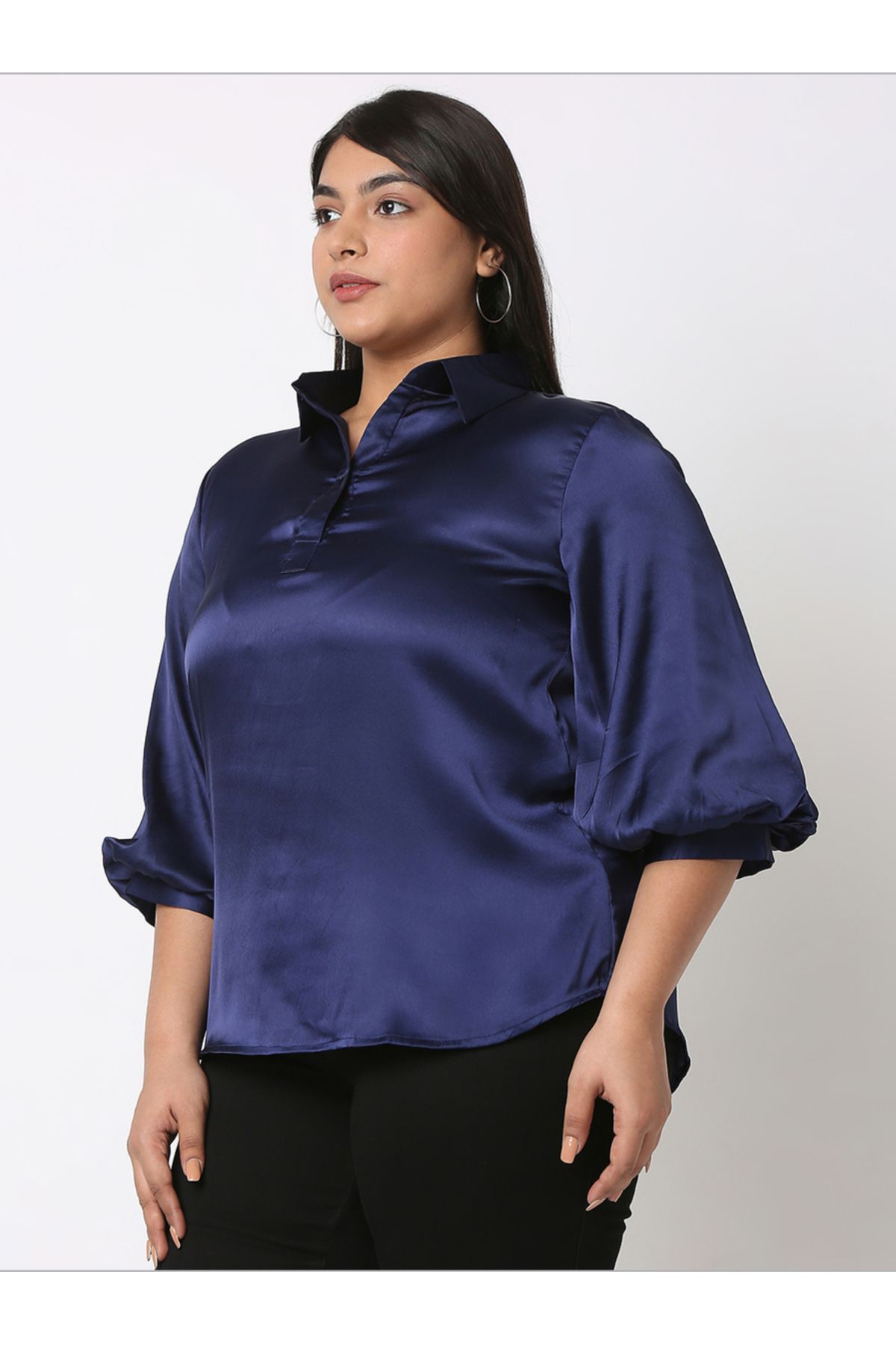 Mish By Styli-Satin Bishop Sleeves Collared Shirt 4