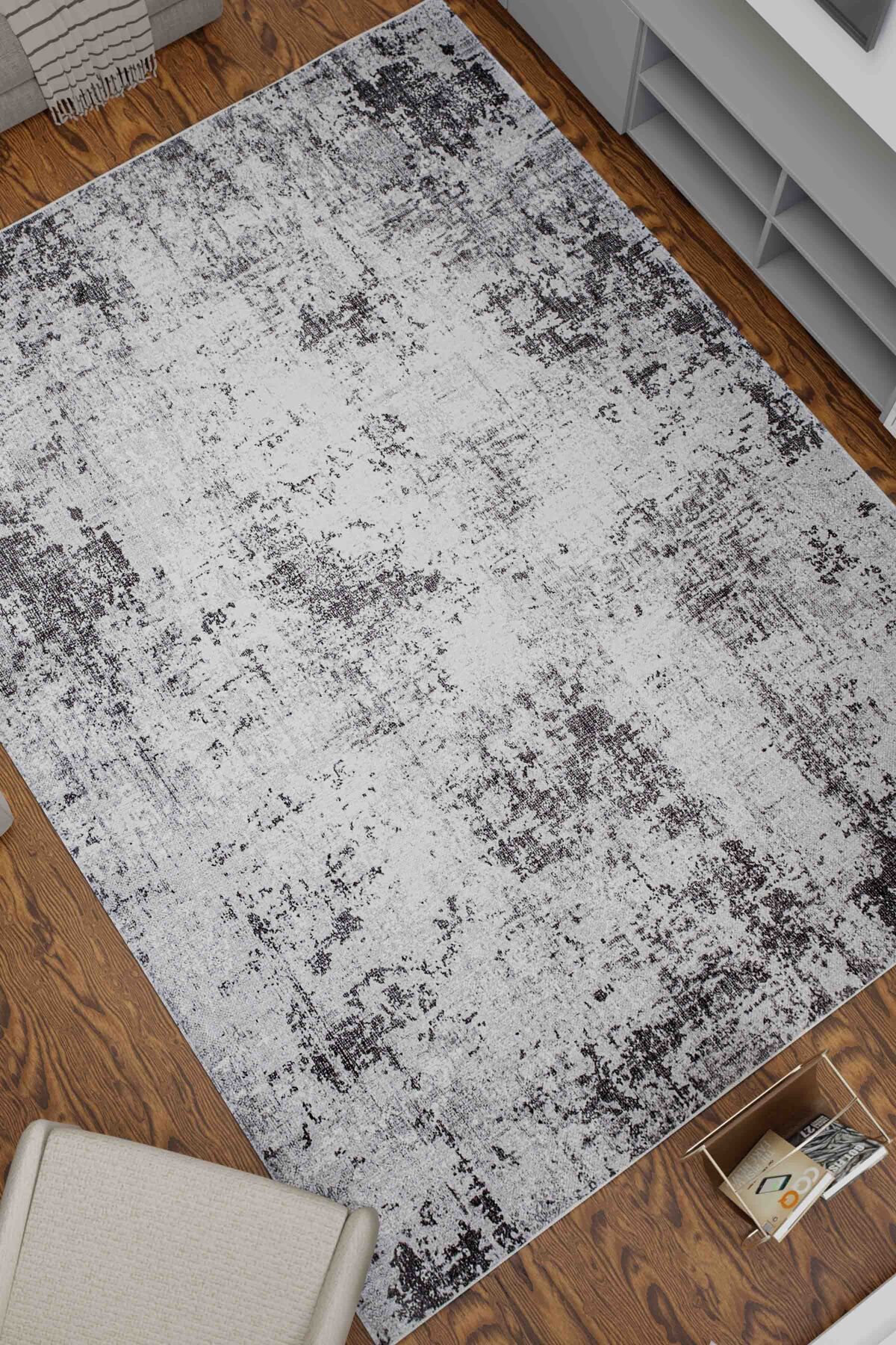 Serente Home Modern Desenli Yıkanabilir Kaymaz Taban Şönil Gri Siyah Salon Halısı 4138