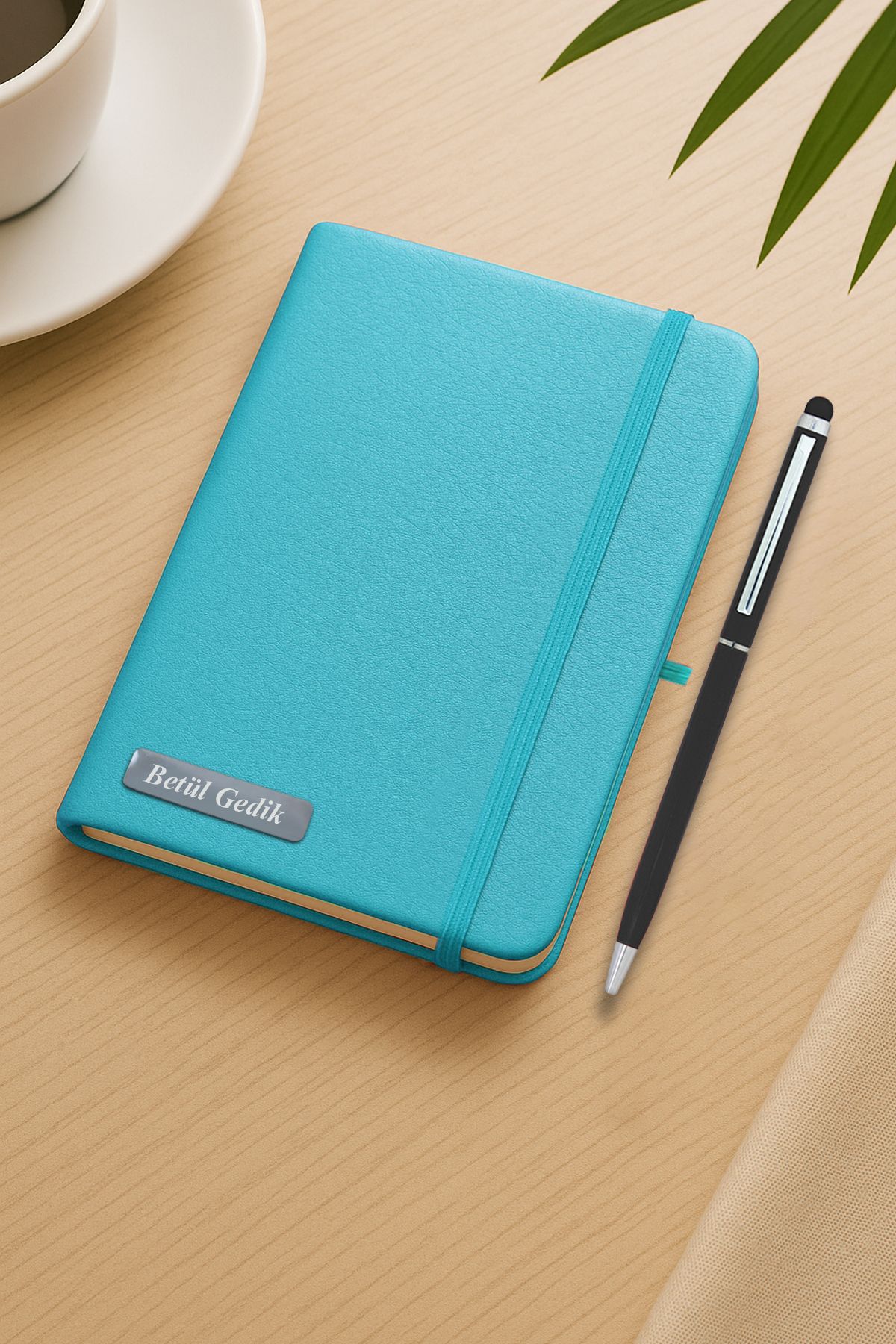 inkglo Turkuaz Mini Defter Touchpenli Kalem Seti Kişiye Özel İsimli Lastikli Kalem Tutuculu