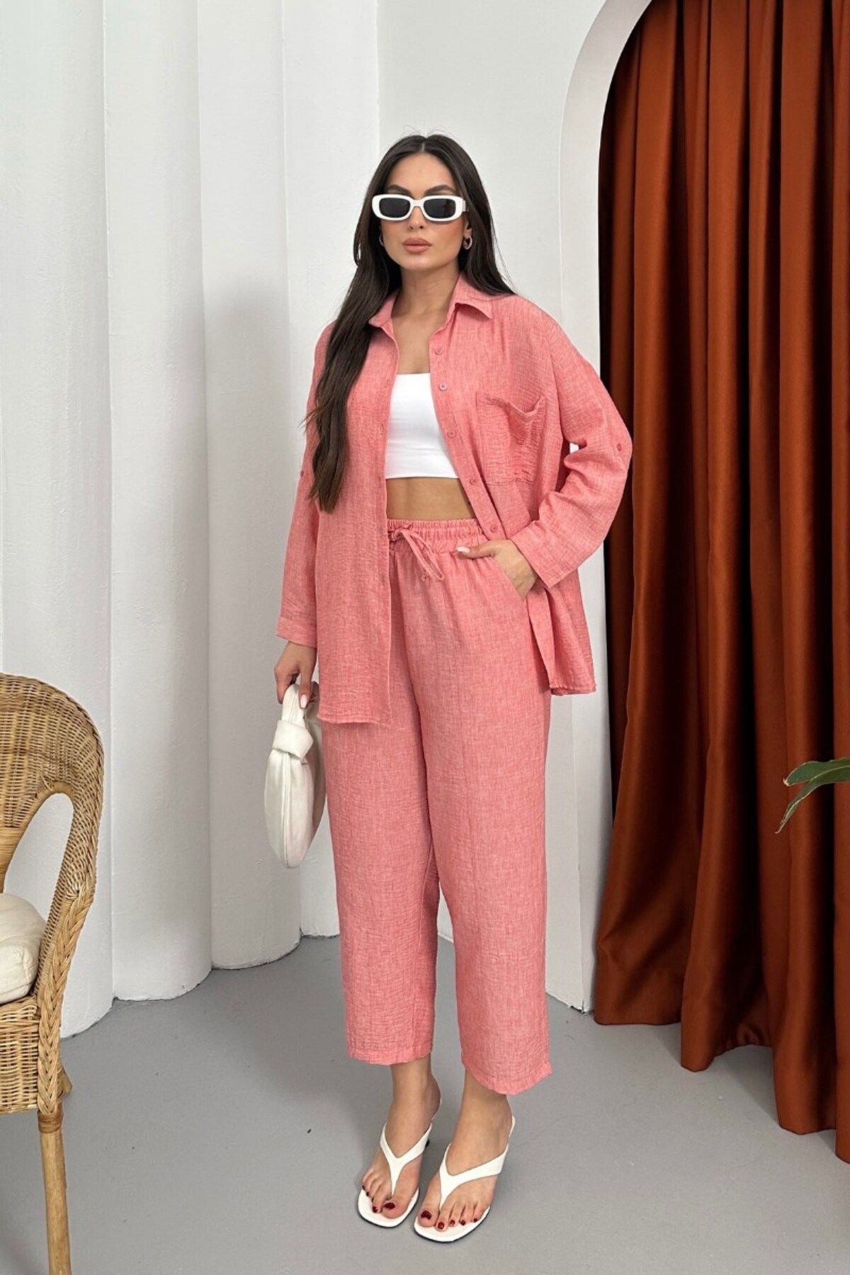 msm fashion Kadın Alt Üst Takım Yazlık Keten Cep Detaylı Pantolon Gömlek İkili Takım