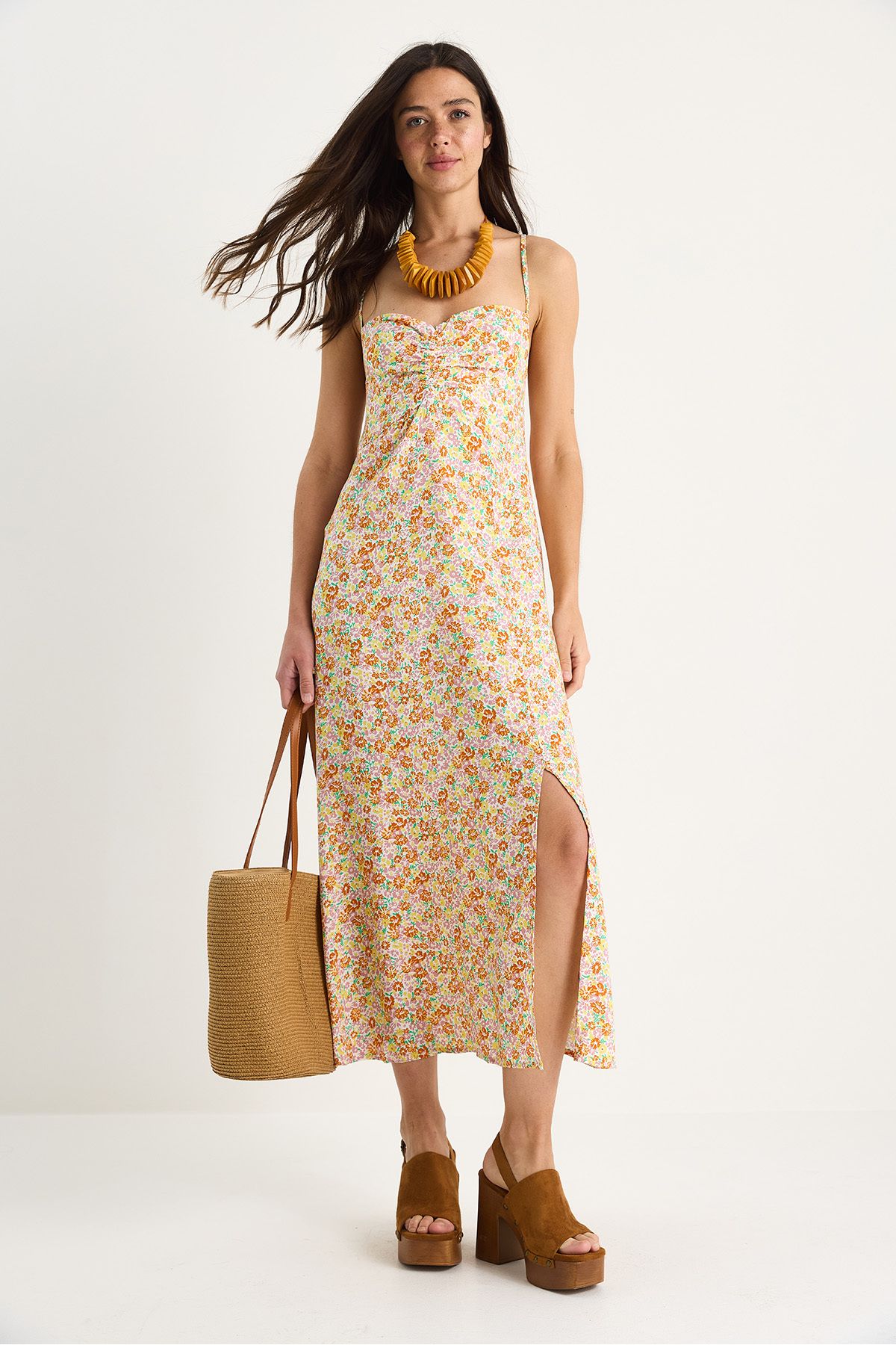 Bianco Lucci-Women's Floral Patterned Thin Strap Gipe Detailed Slit Viscose Dress 4071 60283391 2