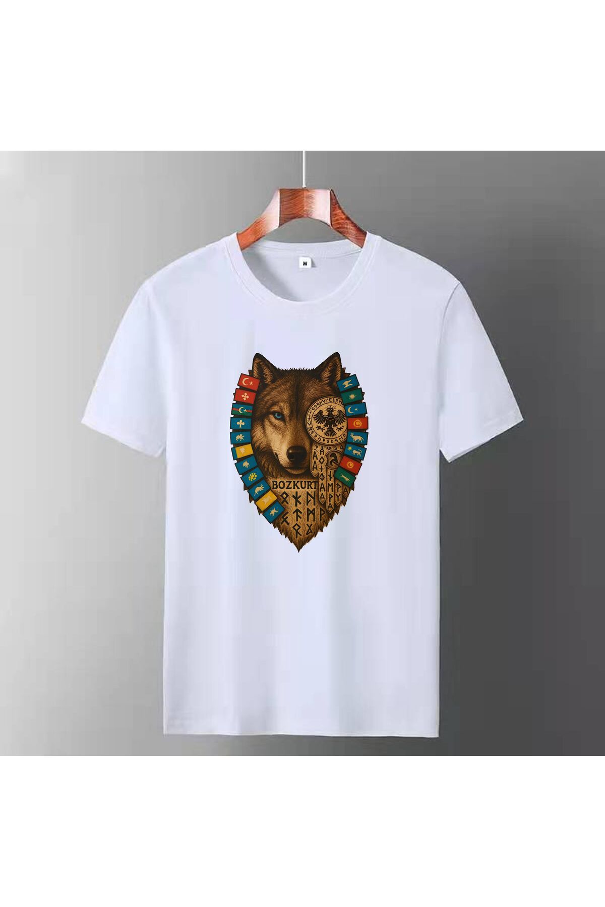 trend of city Bozkurt Tengri Türk Sembolü Baskılı Unisex Beyaz Tişört