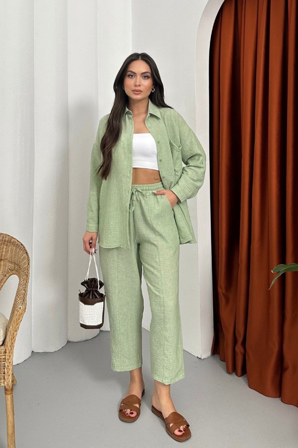 msm fashion Kadın Alt Üst Takım Yazlık Keten Cep Detaylı Pantolon Gömlek İkili Takım