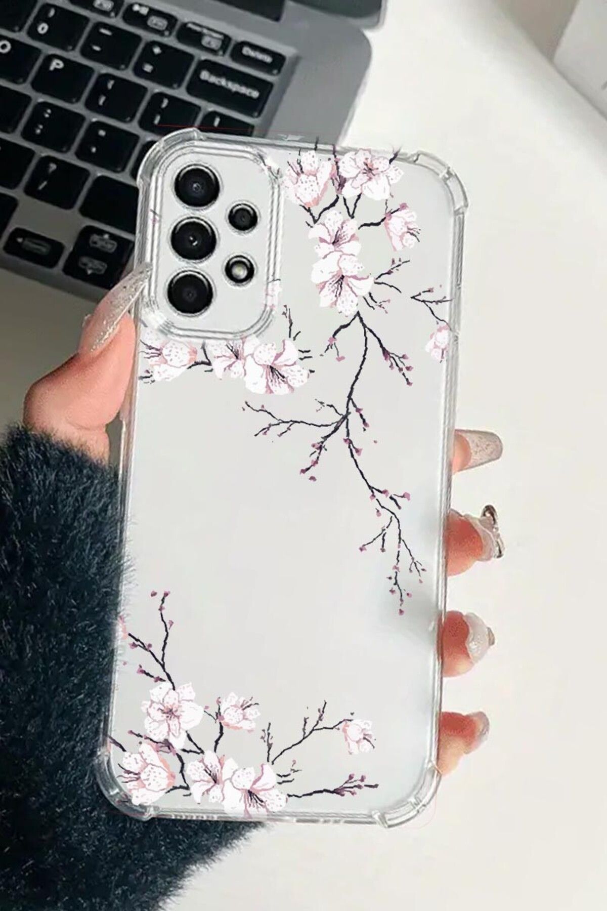 enfein Balporsuku Galaxy A52s İle Uyumlu Desenli Şeffaf Kılıfı PRO01 Kapak Kirazçiçeği