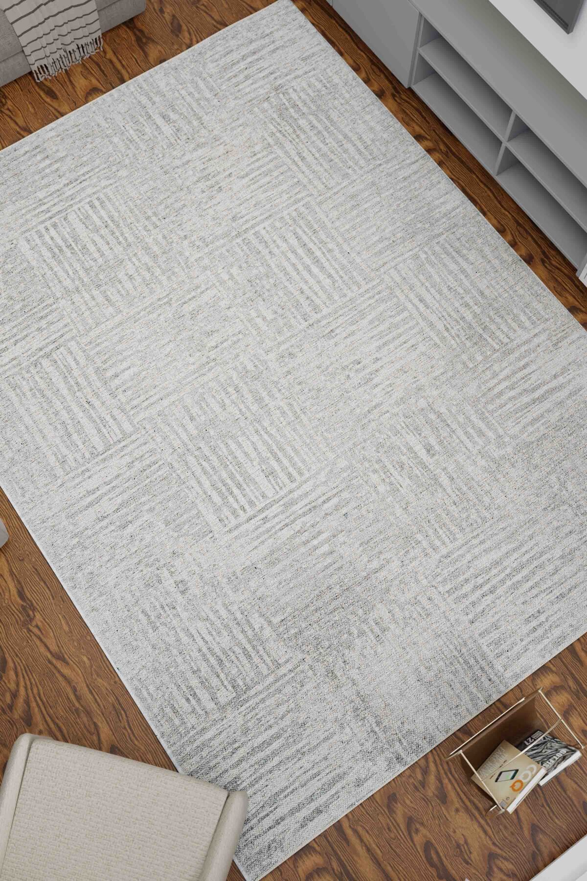 Serente Home Soyut Desenli Yıkanabilir Kaymaz Taban Şönil Halı Gri Beyaz Yolluk 4161