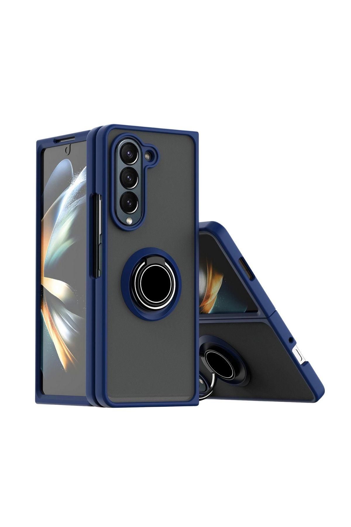 HANPORIUM Samsung Galaxy Z Fold 5 Uyumlu Kılıf Yüzüklü Standlı Extra Darbe Koruma Sert Kapak - Lacivert