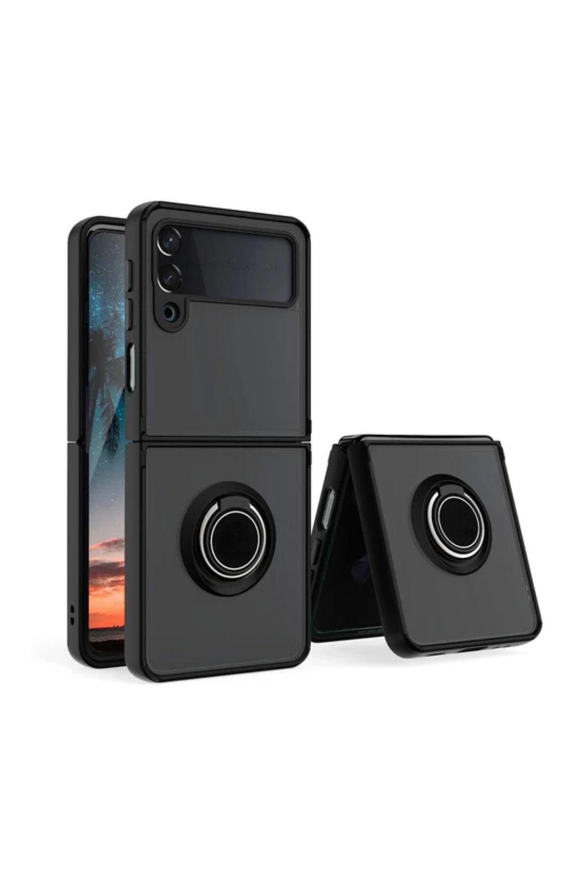 HANPORIUM Samsung Galaxy Z Flip 4 Uyumlu Kılıf Yüzüklü Standlı Extra Darbe Koruma Sert Silikon Kapak-Siyah