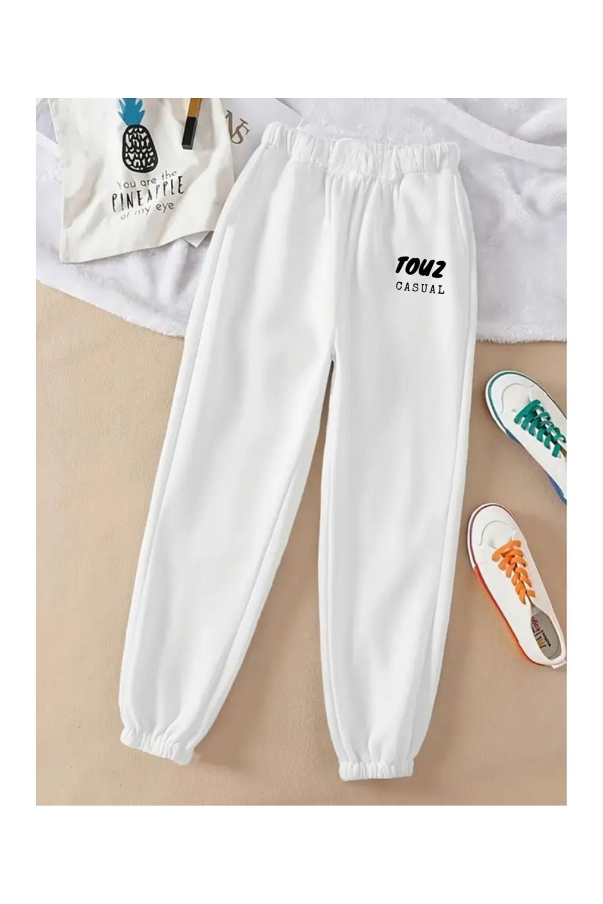 Touz Moda Casual Baskılı Unisex Beyaz Paça Lastikli Eşofman Altı