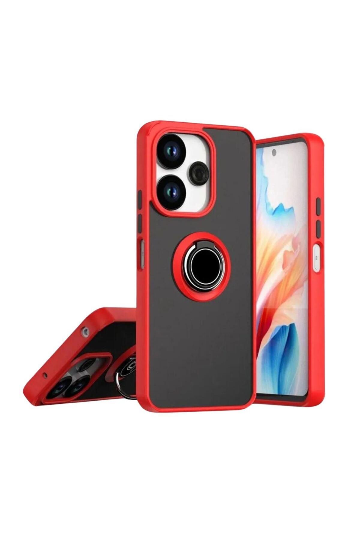 HANPORIUM Redmi Note 14 4G Uyumlu Kılıf Yüzüklü Standlı Extra Darbe Koruma Sert Silikon Kapak - Kırmızı