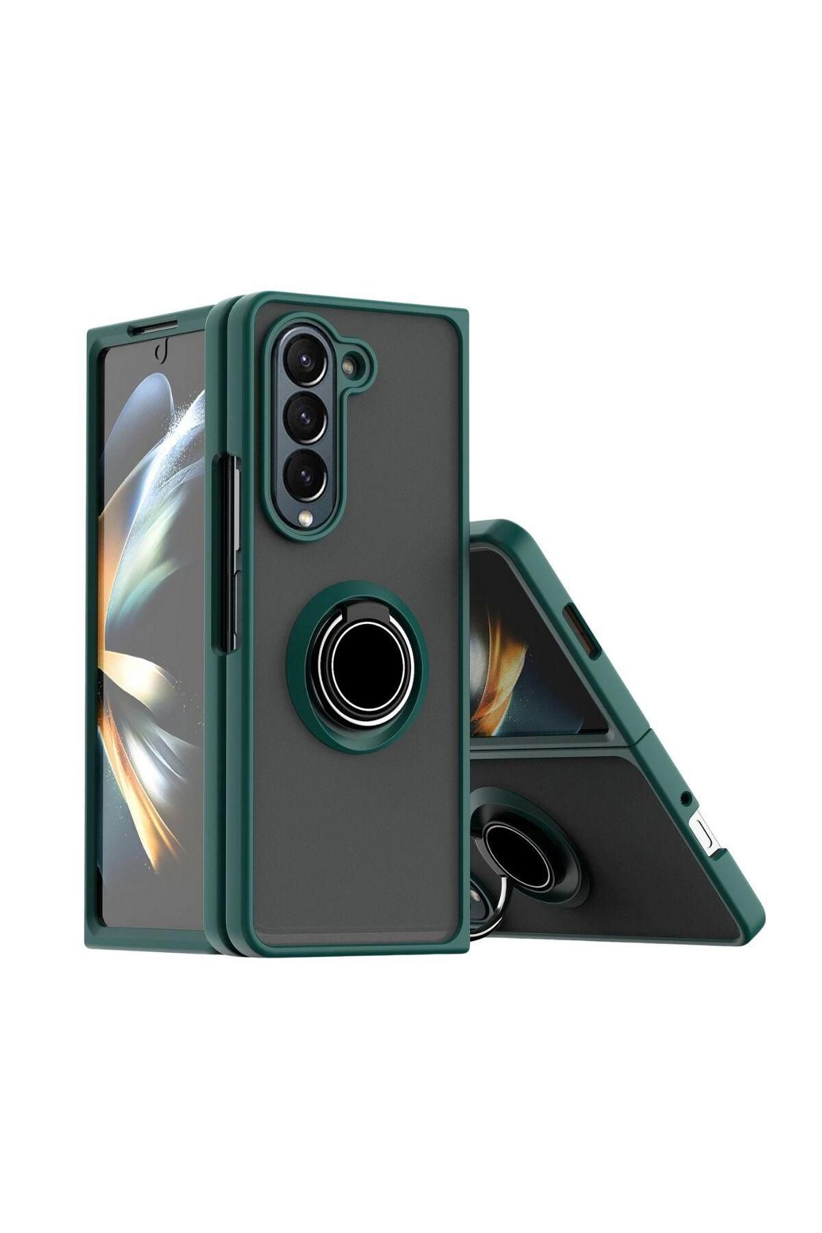 HANPORIUM Samsung Galaxy Z Fold 4 Uyumlu Kılıf Yüzüklü Standlı Extra Darbe Koruma Sert Silikon Kapak-Yeşil
