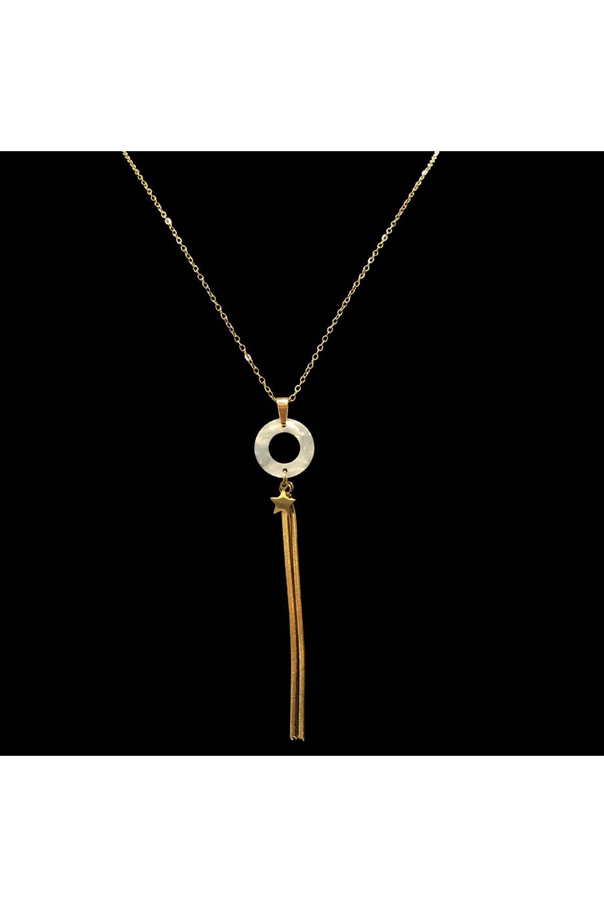 Bijutek Paslanmaz Çelik Gold Taşlı İncili İşlemeli - Desenli Kadın Kolye