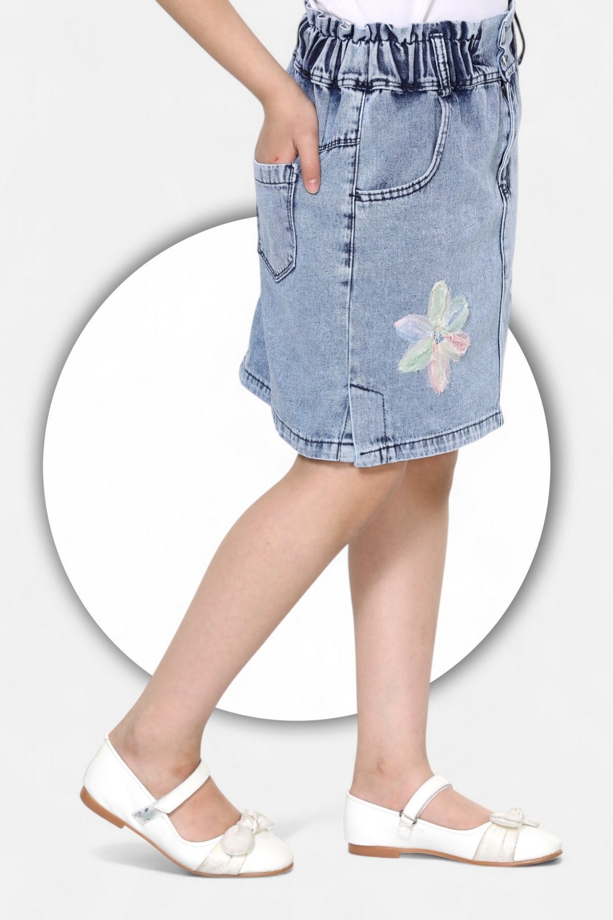 ModiClas  % 100 Pamuk-Yüksek Bel-Çift Düğmeli-Tül Zambak Süslemeli-Taş Yıkamalı-Kız Çocuk Kot Etek - Görsel 4