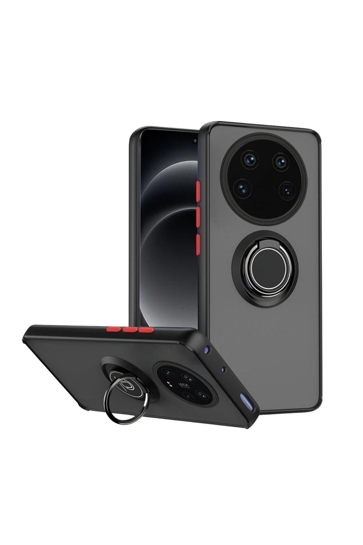 HANPORIUM Xiaomi 14 Ultra Uyumlu Kılıf Yüzüklü Standlı Extra Darbe Koruma Sert Silikon Kapak - Siyah