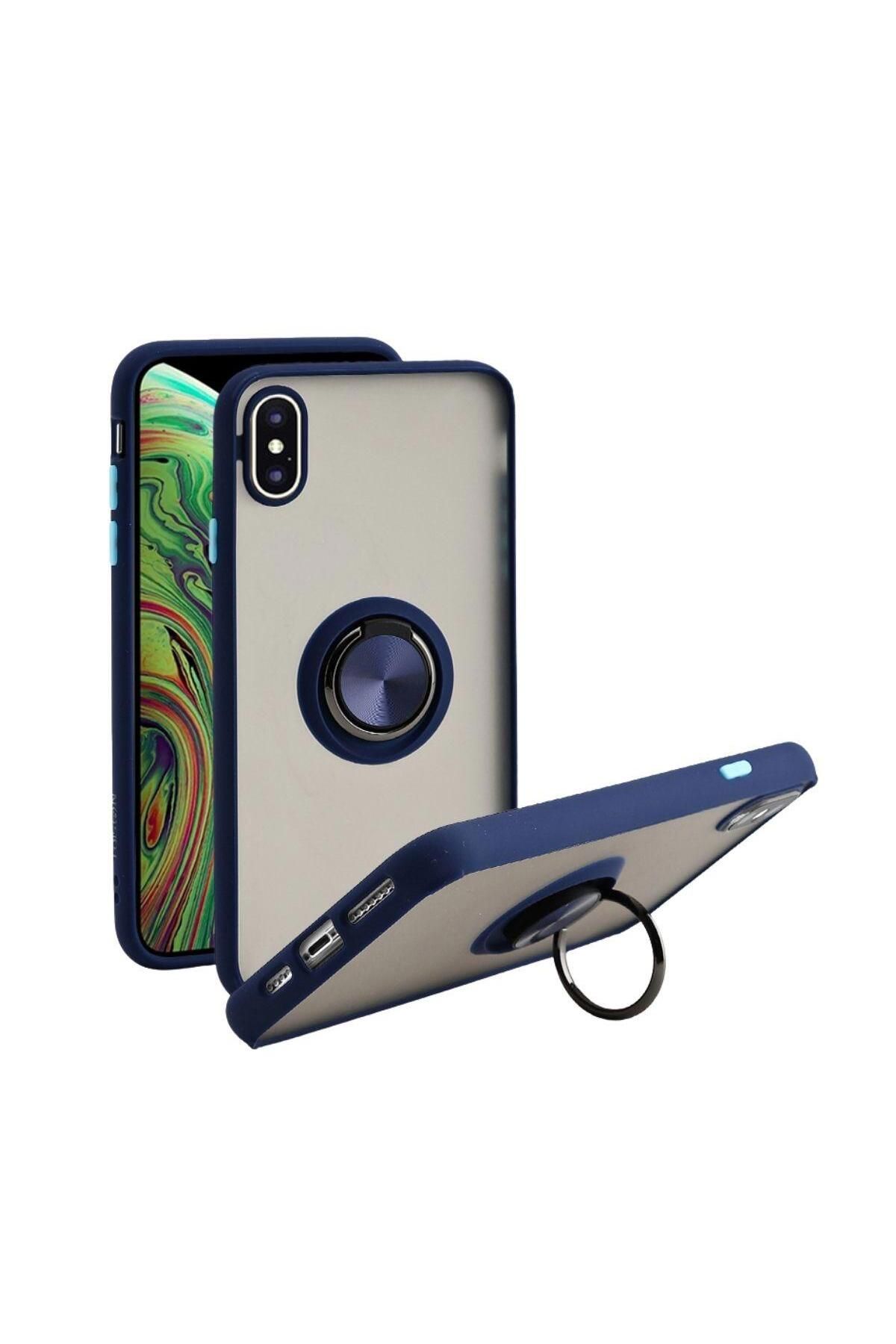 HANPORIUM Apple iPhone X Uyumlu Kılıf Yüzüklü Standlı Extra Darbe Koruma Sert Silikon Kapak - Lacivert