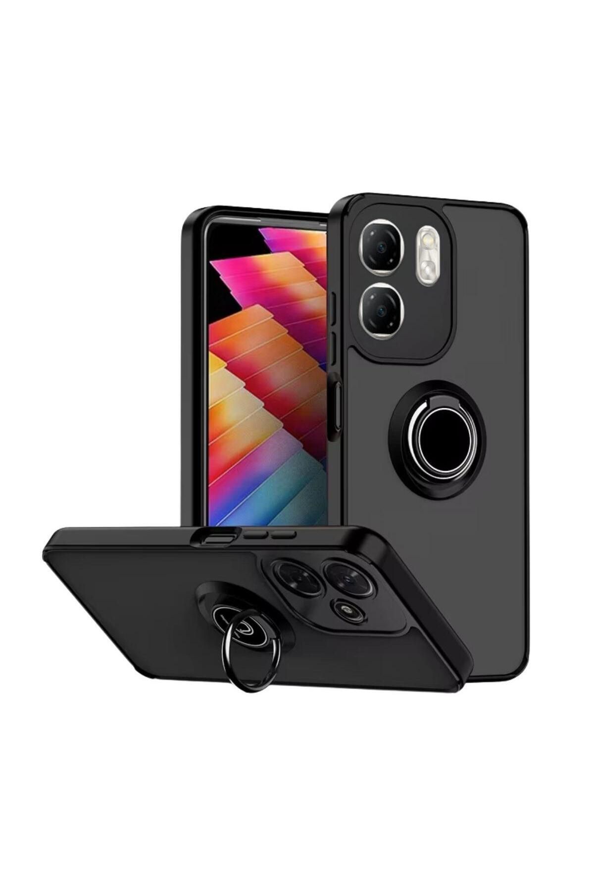 HANPORIUM Infinix Hot 50i Uyumlu Kılıf Yüzüklü Standlı Extra Darbe Koruma Sert Silikon Kapak - Siyah