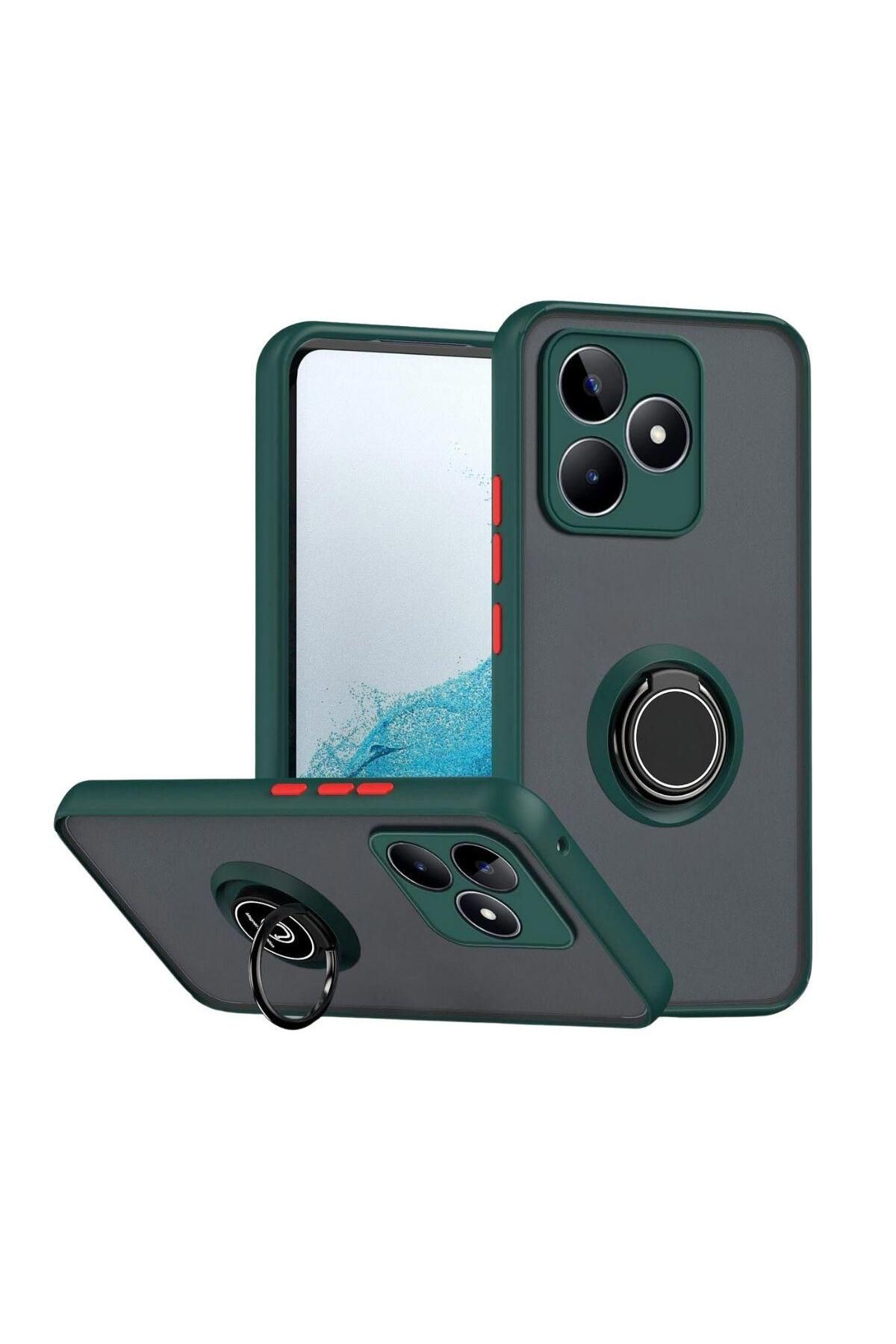 HANPORIUM Realme C53 Uyumlu Kılıf Yüzüklü Standlı Extra Darbe Koruma Sert Silikon Kapak - Yeşil