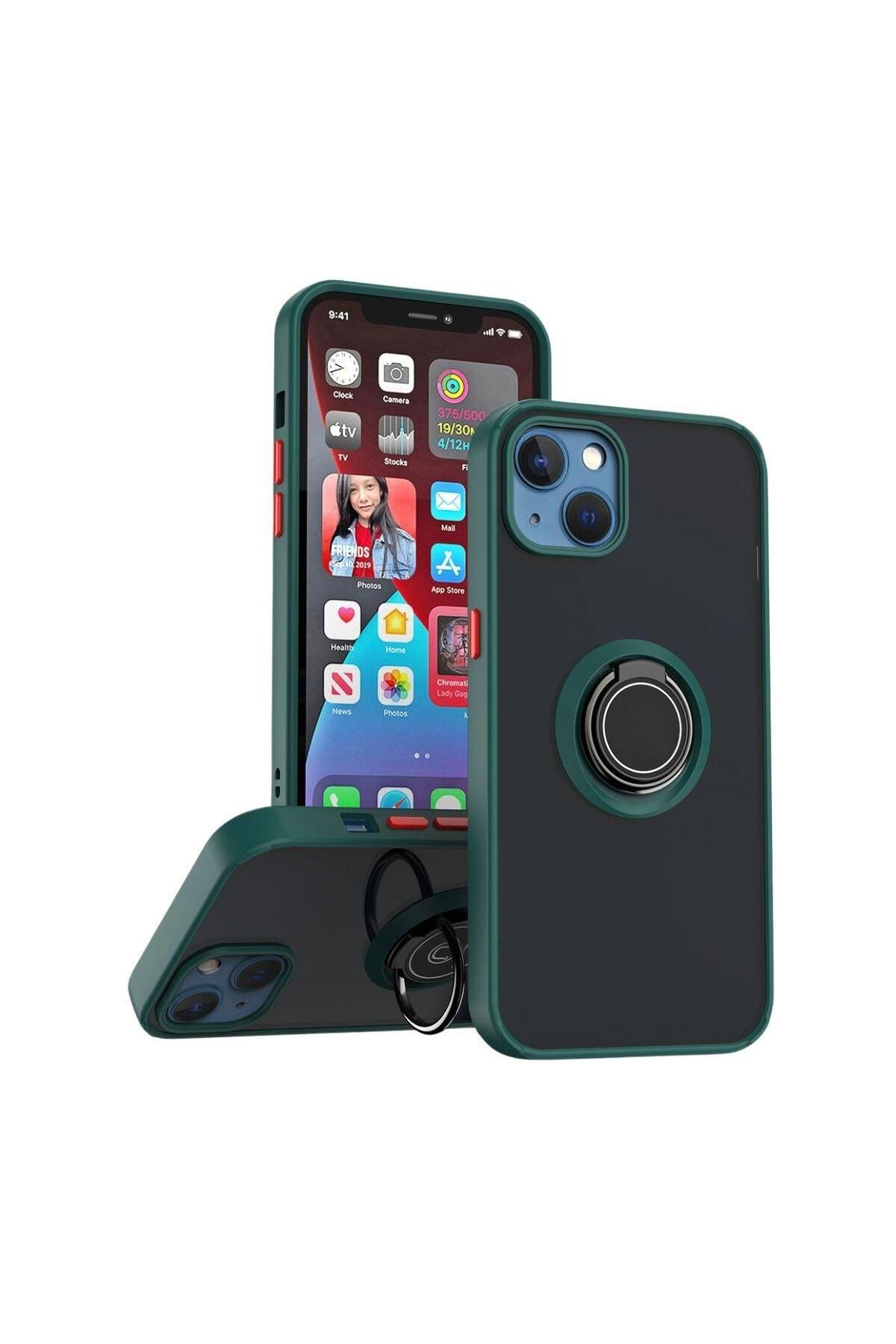 HANPORIUM Apple iPhone 13 Uyumlu Kılıf Yüzüklü Standlı Extra Darbe Koruma Sert Silikon Kapak - Yeşil